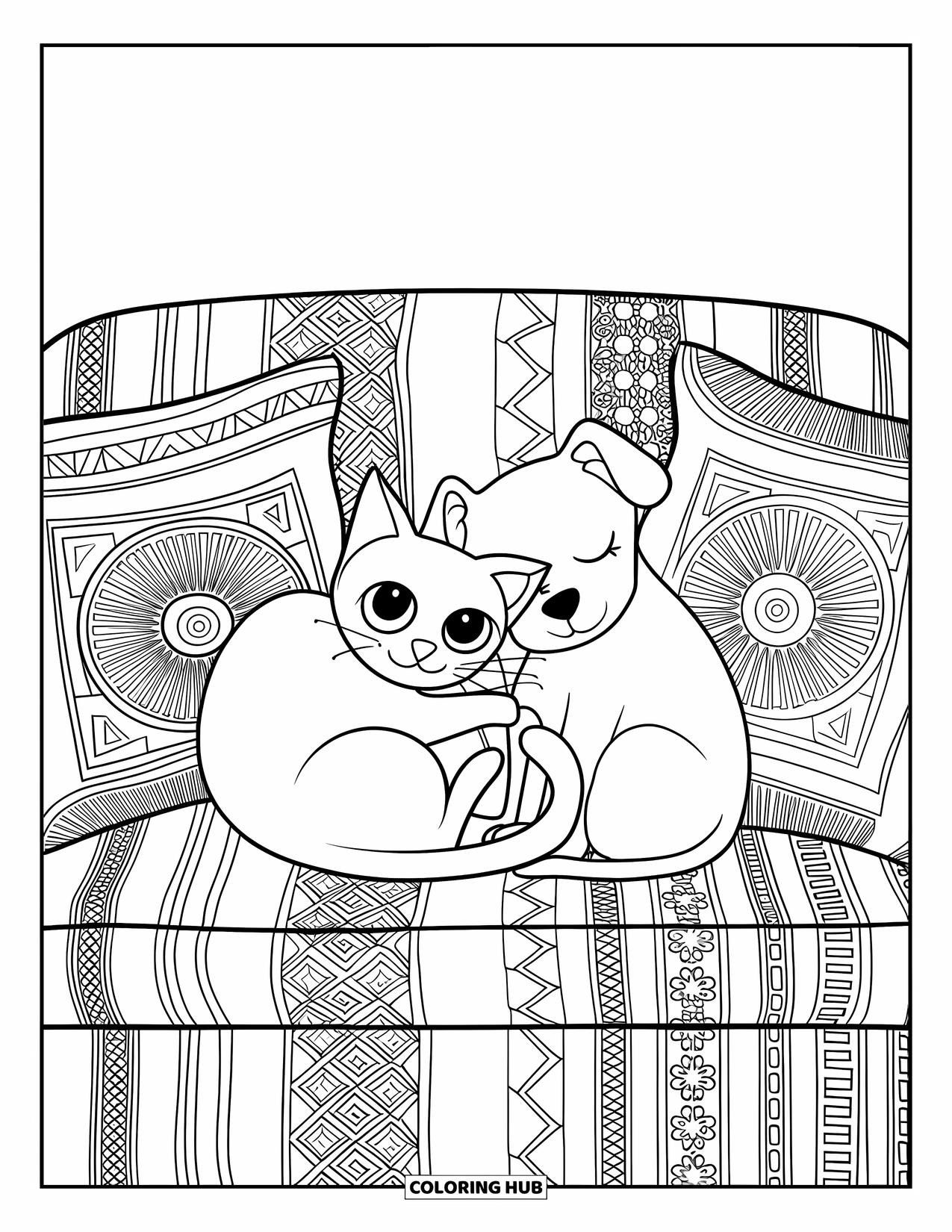 Katten- en hondenkleurplaat voor volwassenen: Kussens met patronen en gezellige hoekjes omhelzen twee slaperige vrienden op de bank