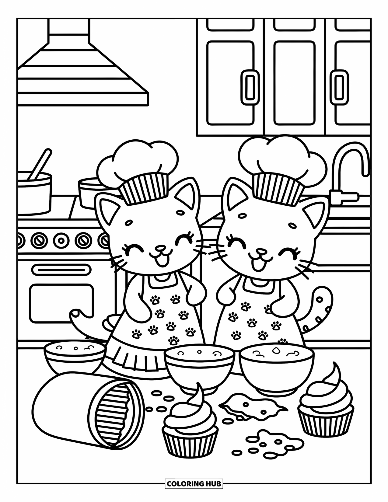 Kleurplaat Kat en Hond Kleurplaat voor Volwassenen: Schorten met pootafdrukken en cupcake-plezier met twee bakkende beste vrienden