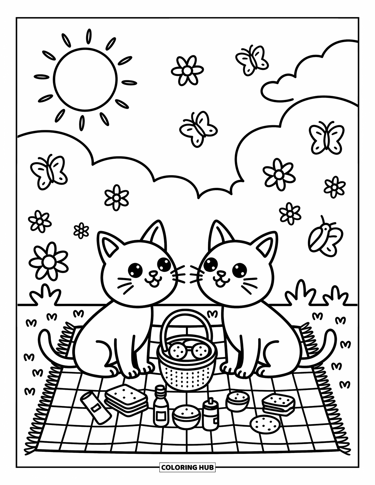 Katten- en hondenkleurplaat voor volwassenen: Picknickvrienden! De kat en hond ontspannen onder de zon met snoepjes