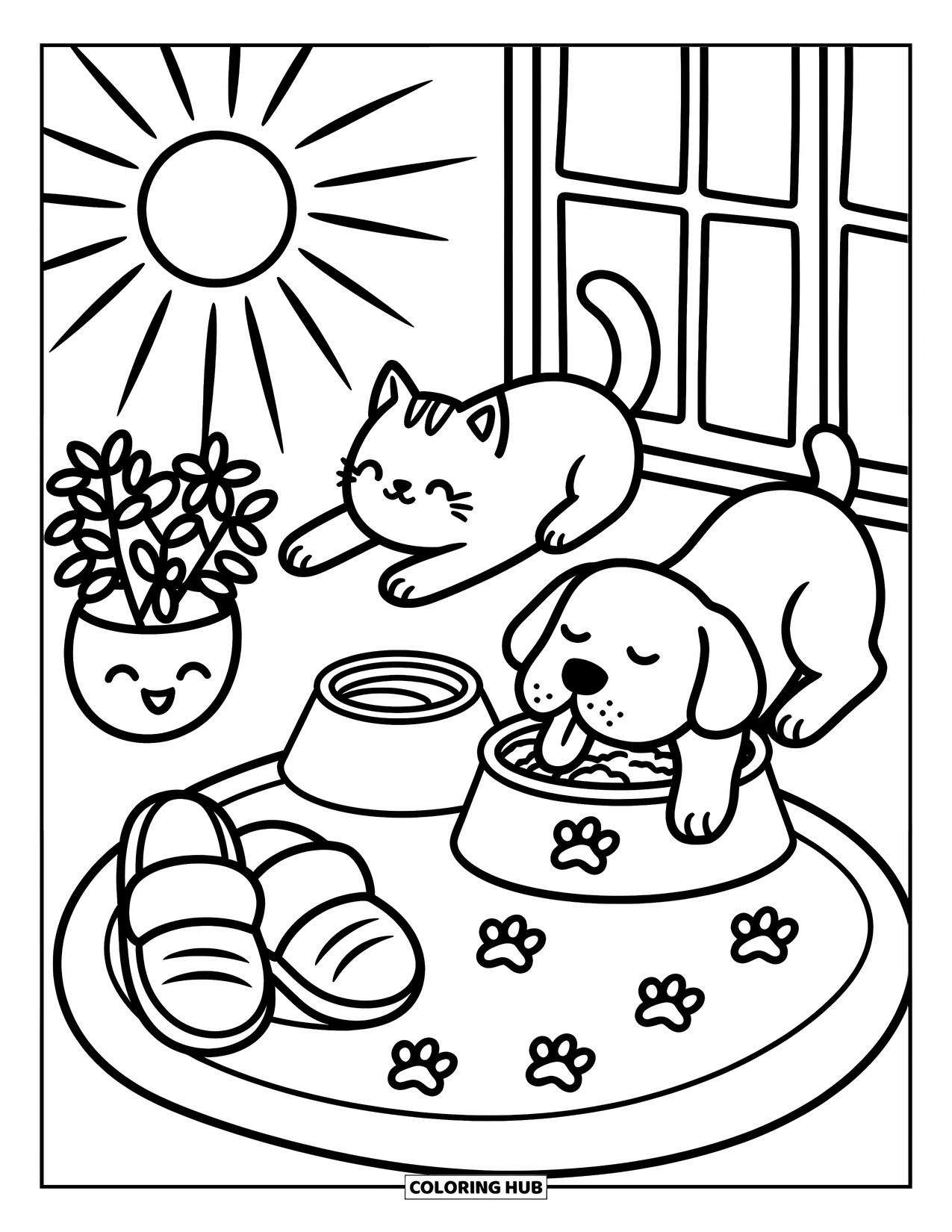 Kleurplaat Kat en Hond Kleurplaat voor Volwassenen: Zonlicht stroomt binnen terwijl de kat zich uitrekt en de hond geeuwt