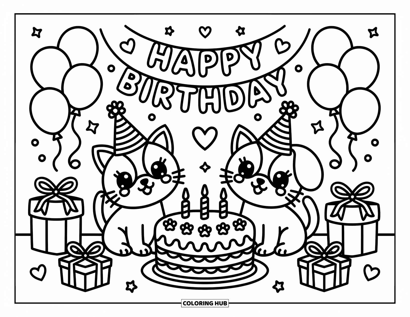 Kleurplaat Kat en Hond Kleurplaat voor Volwassenen: De kat en hond vieren feest met taart, ballonnen en verjaardagsvreugde