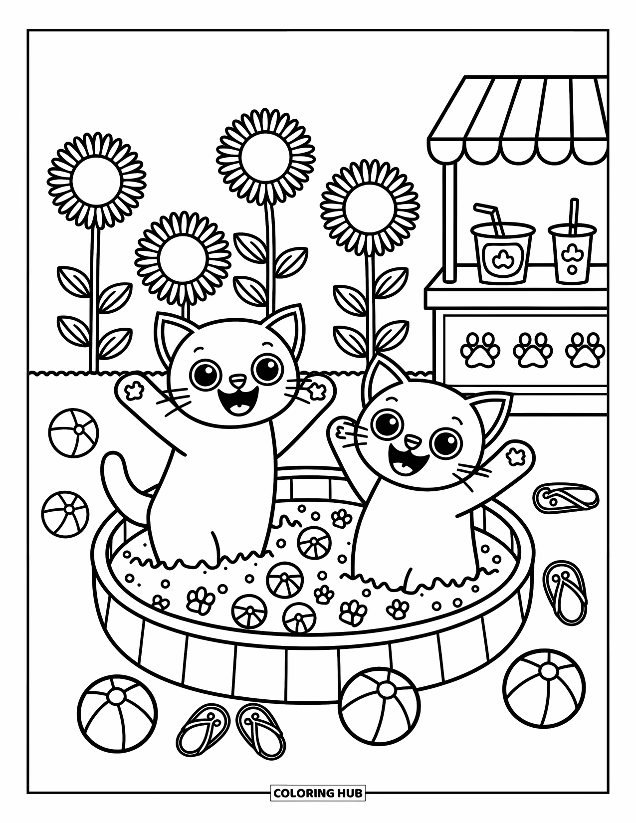 Katten- en hondenkleurplaat voor volwassenen: De kat en hond koelen af in een bubbelbad op een zonnige dag