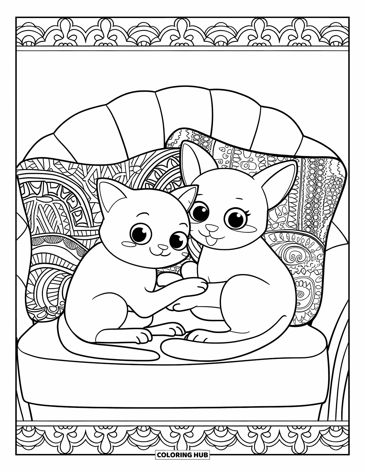 Katten- en hondenkleurplaat voor volwassenen: De kat en hond krullen op op een bank met gedetailleerde kussens