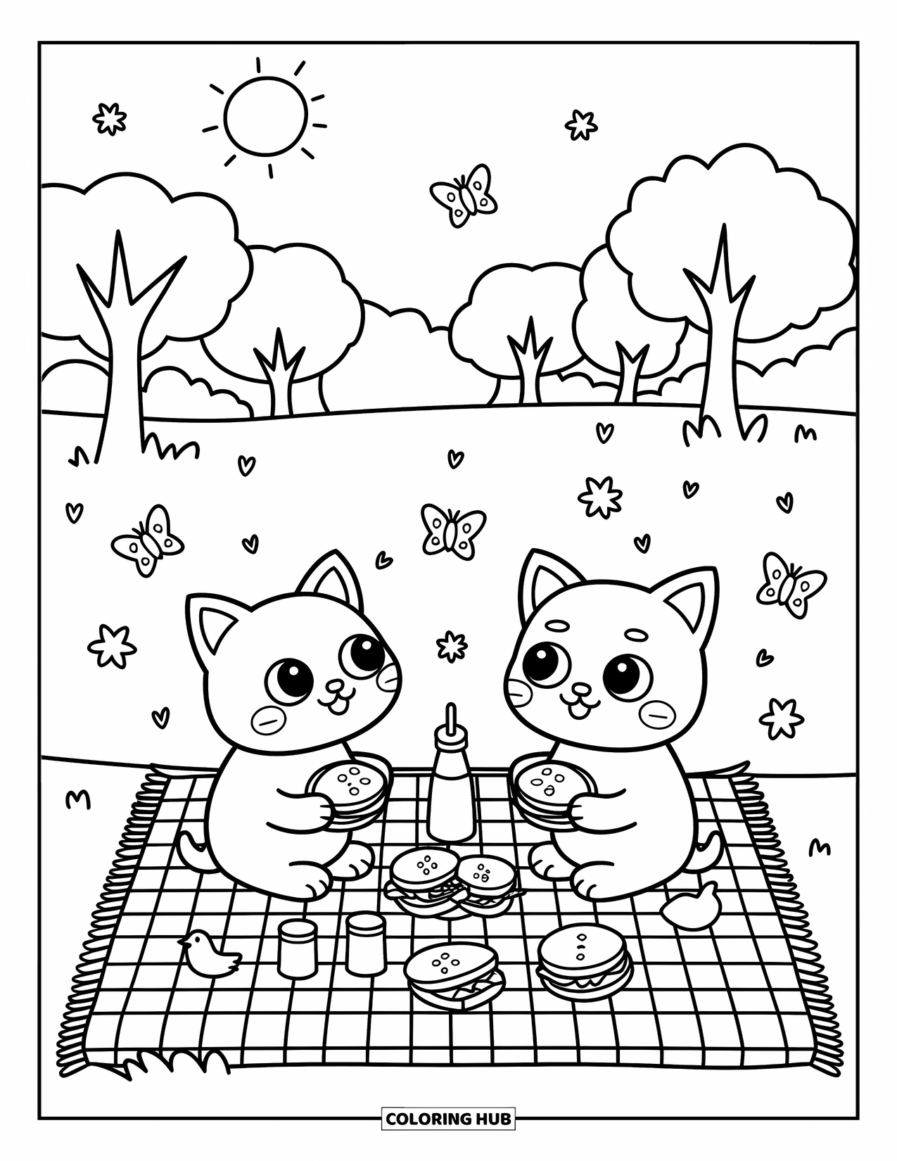 Kleurplaat Kat en Hond Kleurplaat voor Volwassenen: De kat en hond genieten van een zonnige picknick met sandwiches en sap