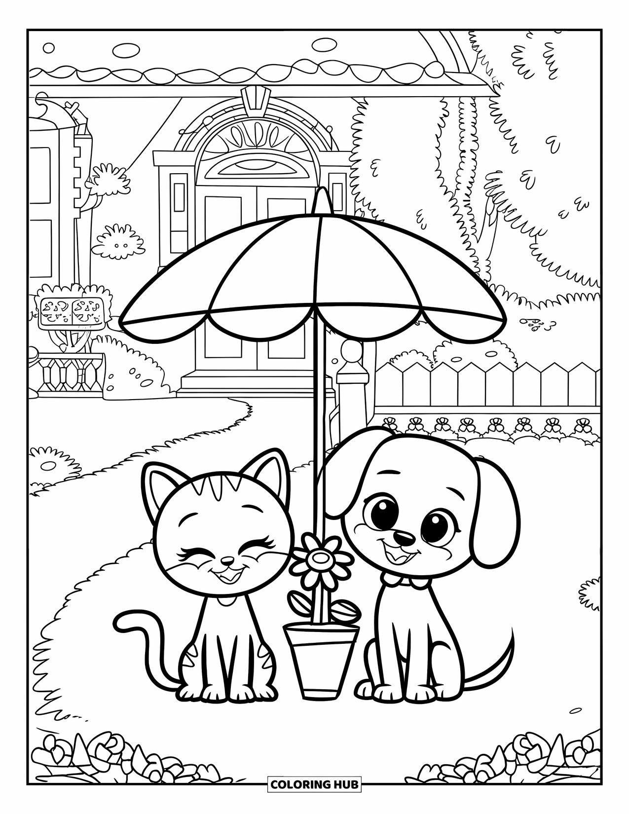 Katten- en hondenkleurplaat voor volwassenen: De kat en hond genieten van rustige tijd in een versierde tuin