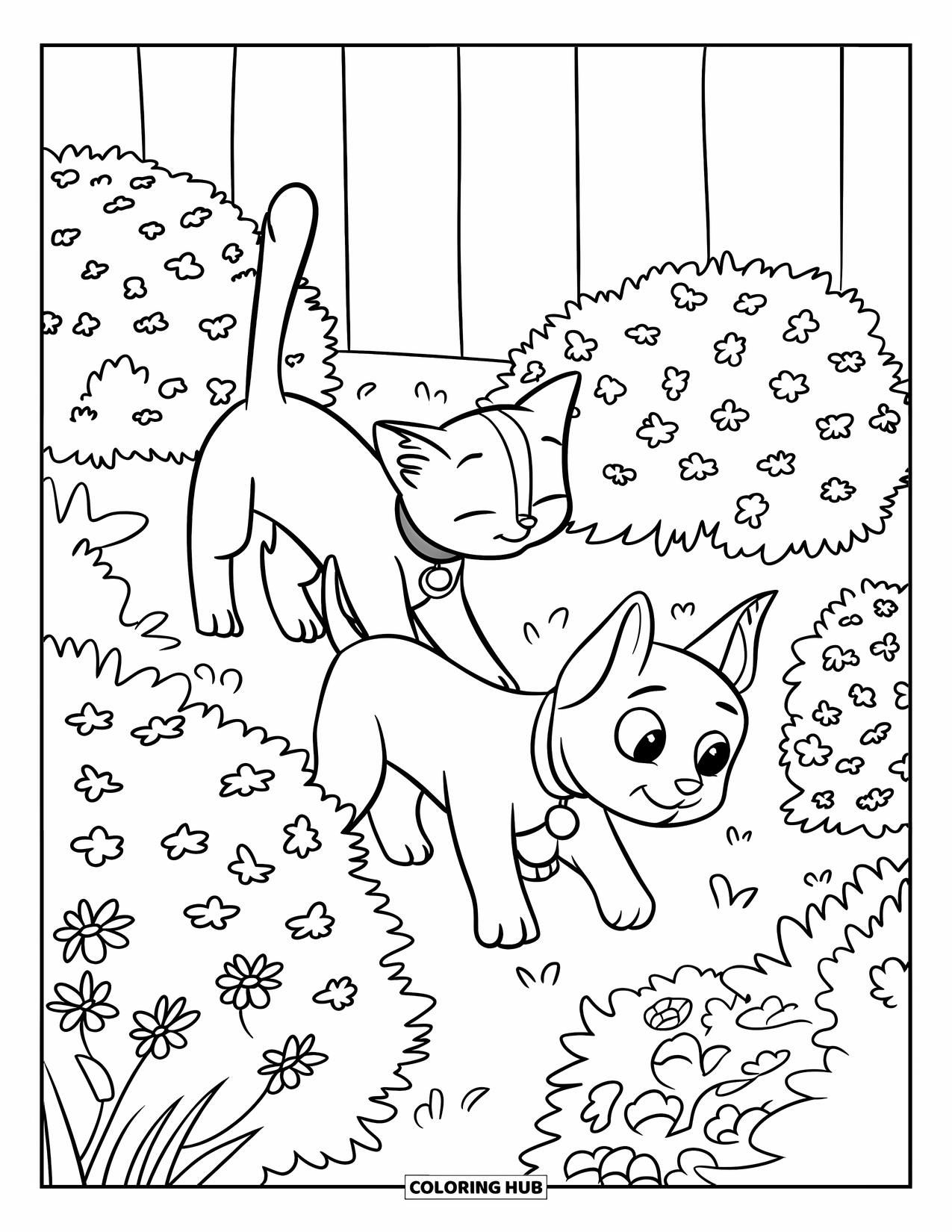 Katten- en hondenkleurplaat voor volwassenen: De kat en hond verkennen een tuin vol bloemen en groene struiken