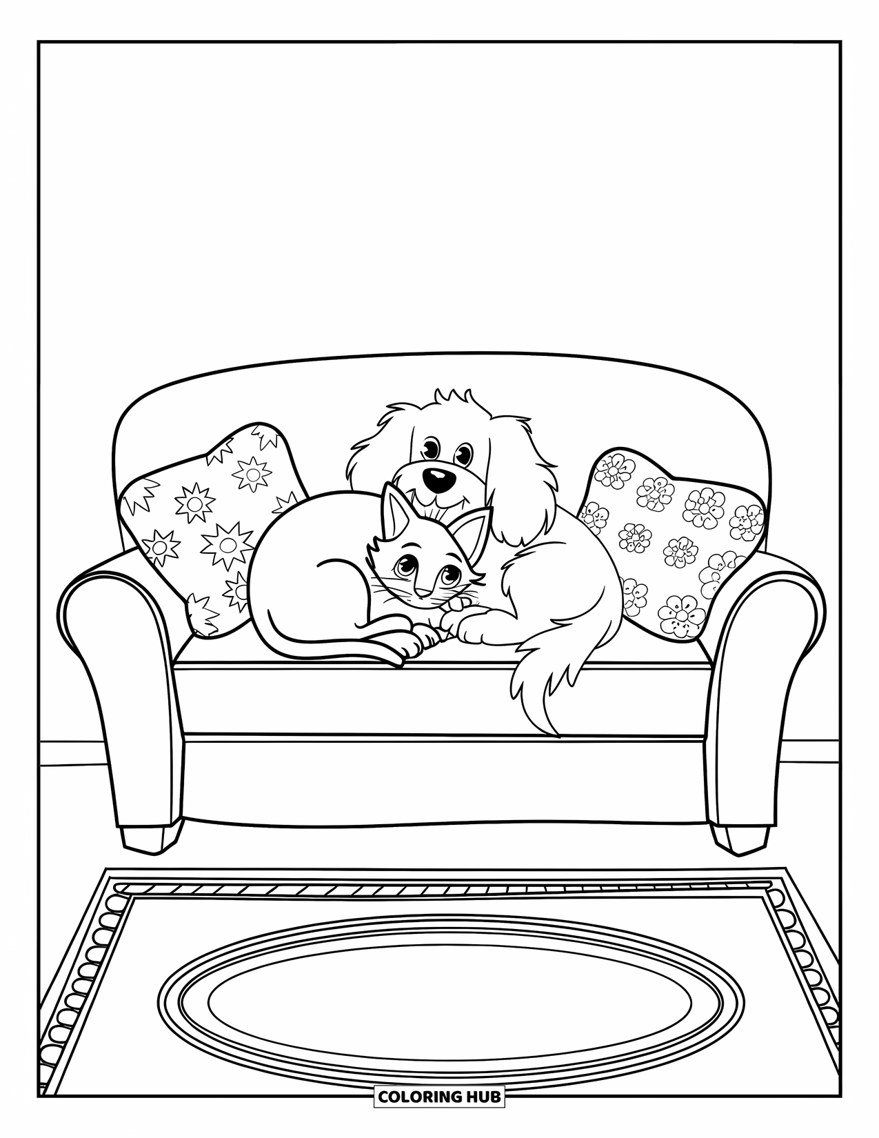 Katten- en hondenkleurplaat voor volwassenen: De kat en hond doen een dutje op een bank omringd door rustgevende patronen