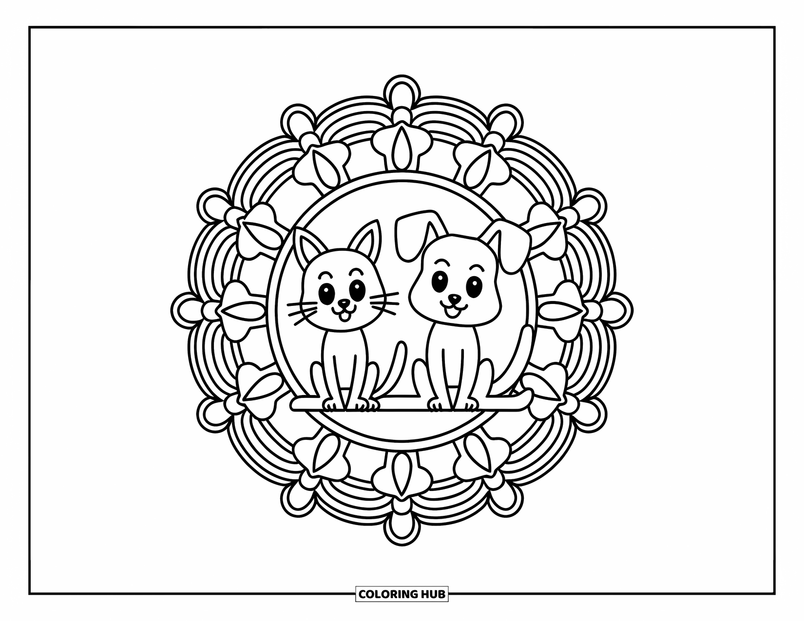 Katten- en hondenkleurplaat voor volwassenen: De kat en hond ontspannen in het midden van een gedetailleerde mandala