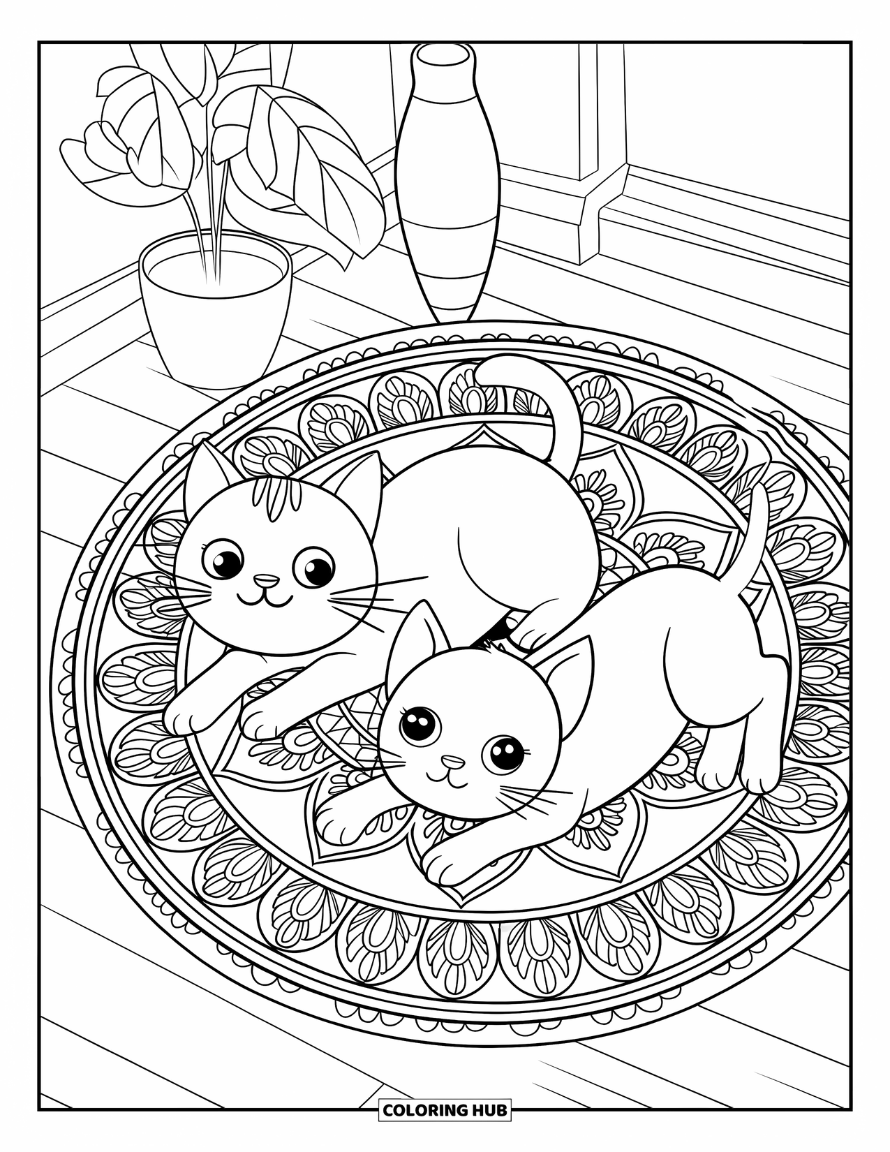 Katten- en hondenkleurplaat voor volwassenen: De kat en hond ontspannen op een kleed met prachtige mandala-patronen