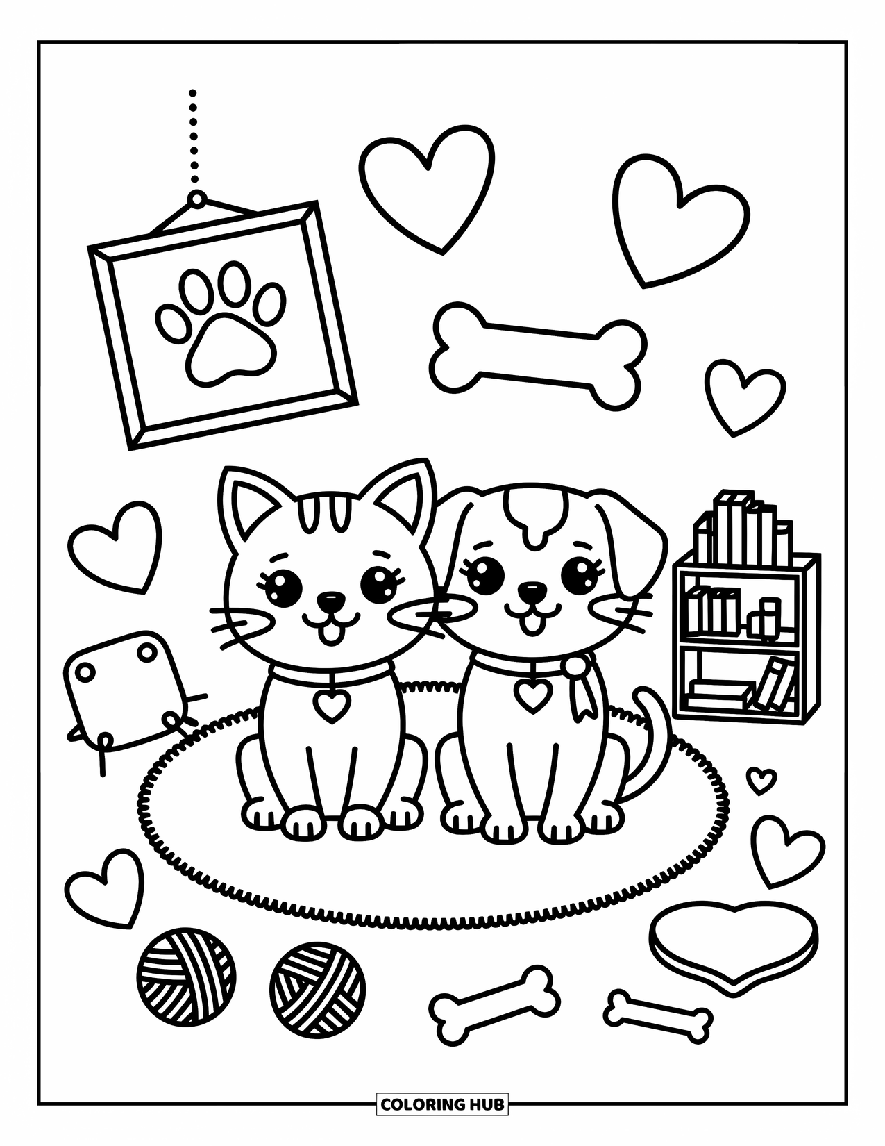 Kleurplaat Kat en Hond Kleurplaat voor Volwassenen: De kat en hond delen een warm, zacht kleed en heel veel liefde