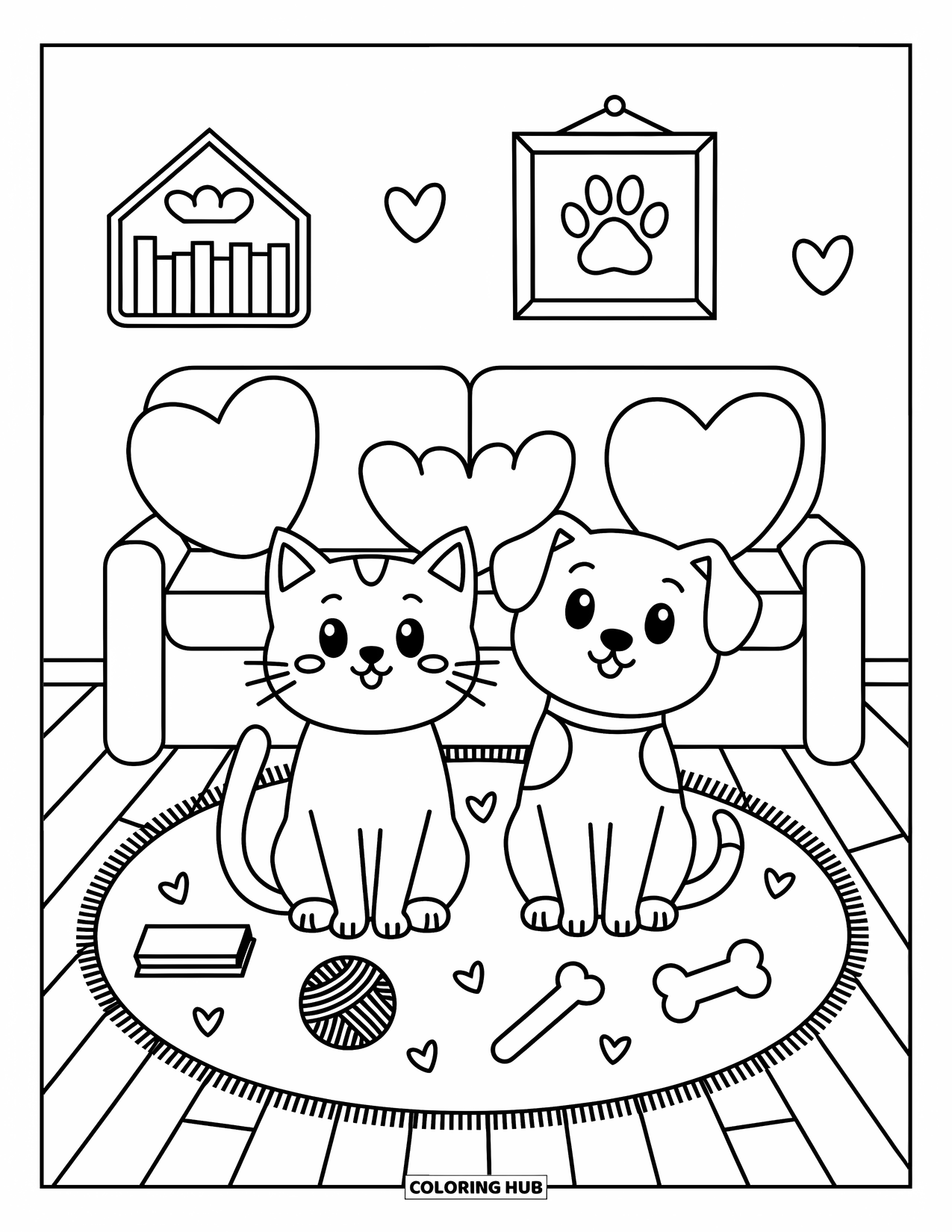 Katten- en hondenkleurplaat voor volwassenen: De kat en hond zitten op een gezellig kleed omringd door hartkussens