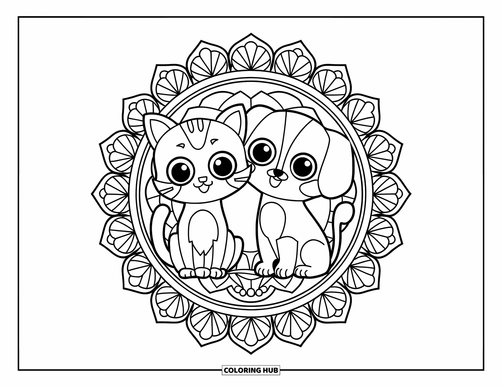 Katten- en hondenkleurplaat voor volwassenen: De kat en hond zitten vredig in een met bloemen gevulde mandala
