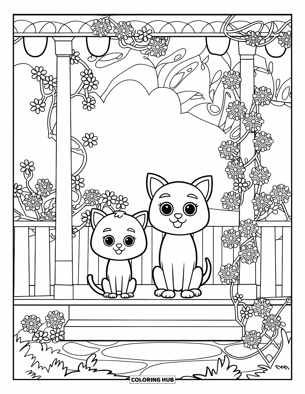 Katten- en hondenkleurplaat voor volwassenen: De kat en hond zitten rustig op een veranda omlijst door klimbloemen