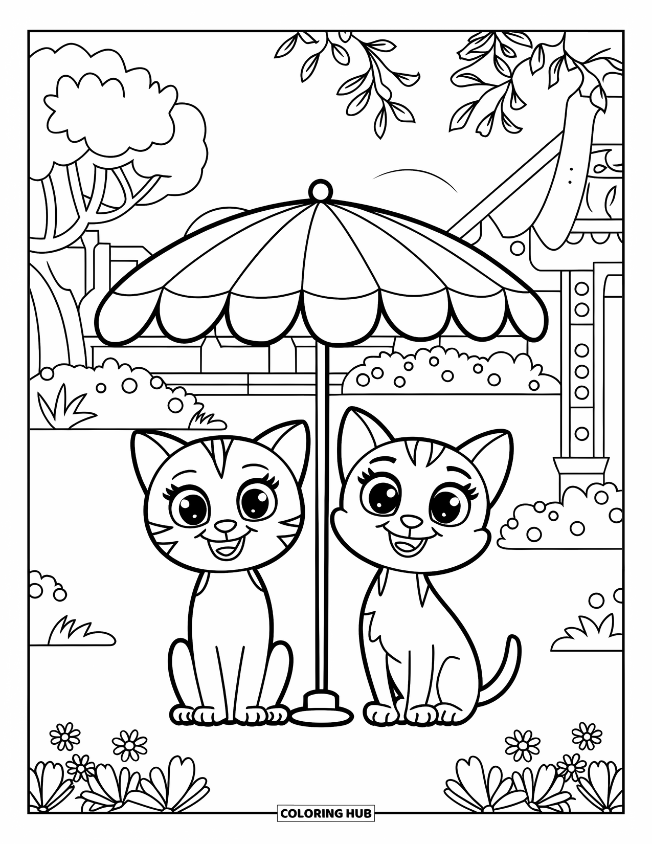 Katten- en hondenkleurplaat voor volwassenen: De kat en hond zitten onder een parasol in een met bloemen gevulde tuin
