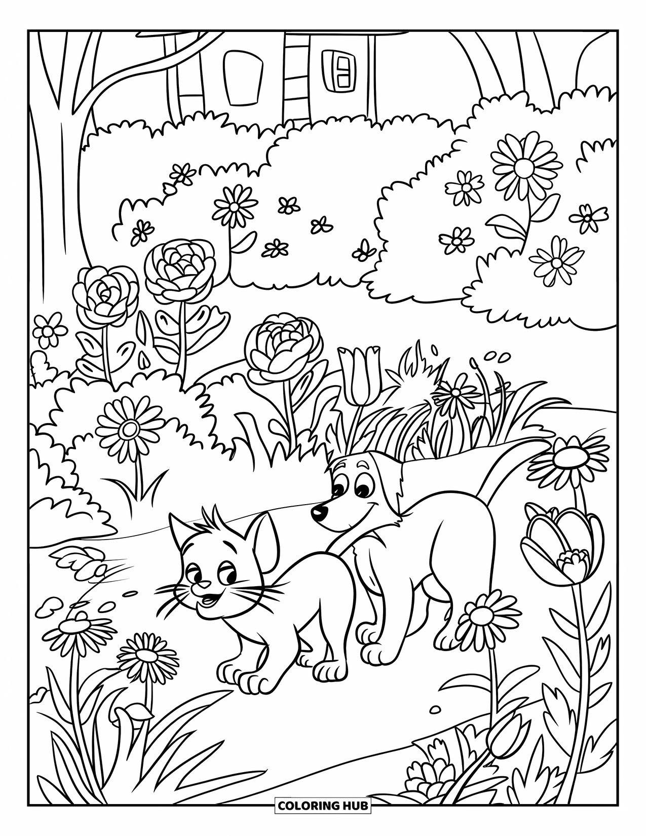Katten- en hondenkleurplaat voor volwassenen: De kat en hond dwalen door bloemen van elke vorm en kleur