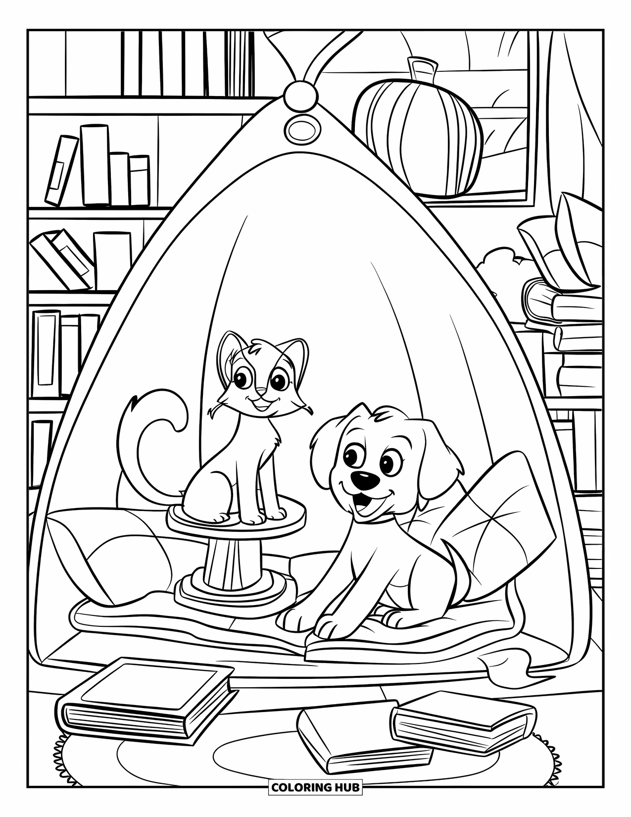 Katten- en hondenkleurplaat voor volwassenen: De kat luistert en de hond rust in een vredige leeshoek