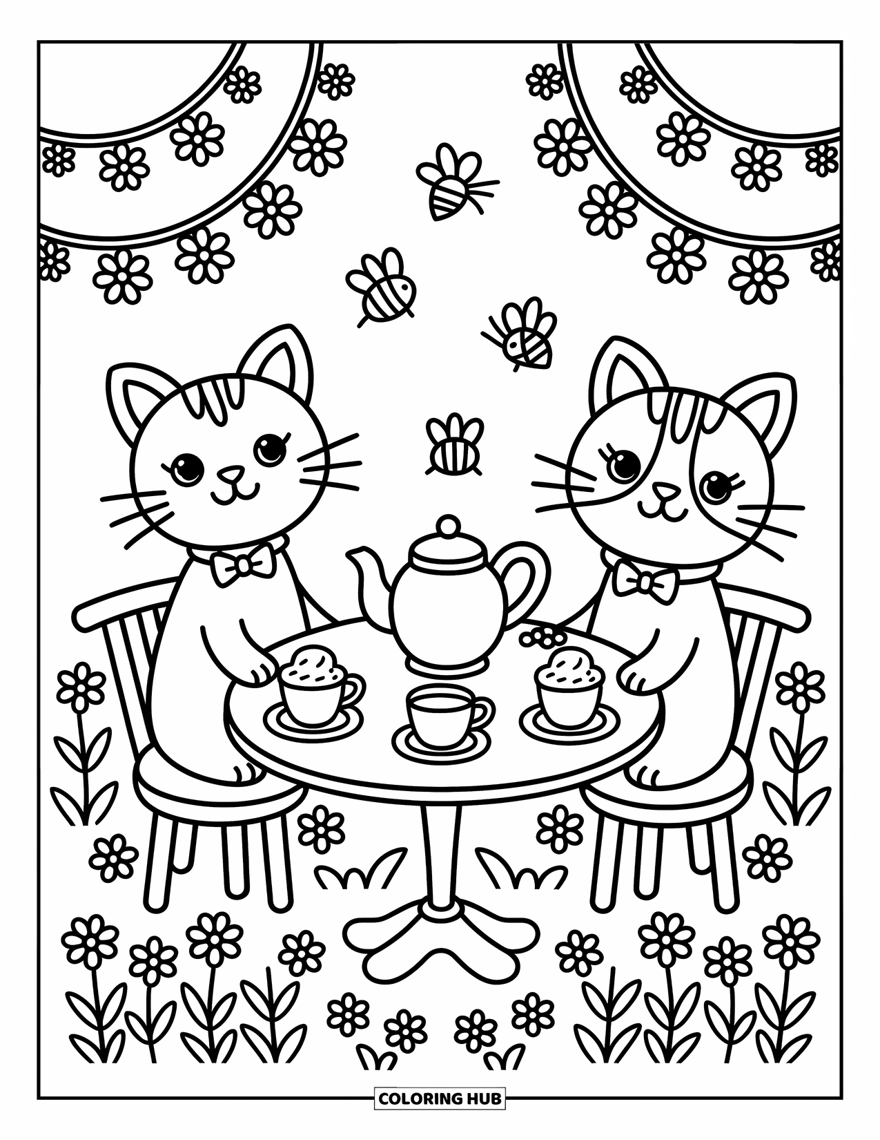 Kleurplaat Kat en Hond Kleurplaat voor Volwassenen: Kleine cupcakes en thee toveren een glimlach op het gezicht van de kat en hond in de tuin