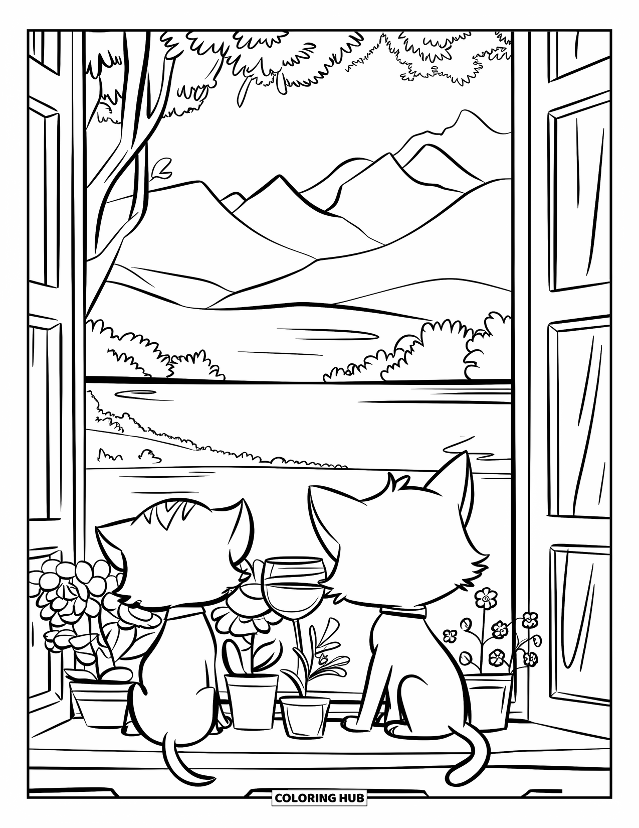 Kleurplaat Kat en Hond voor Kinderen: Een kat en hond kijken uit een raam vol bloemen en een prachtig uitzicht