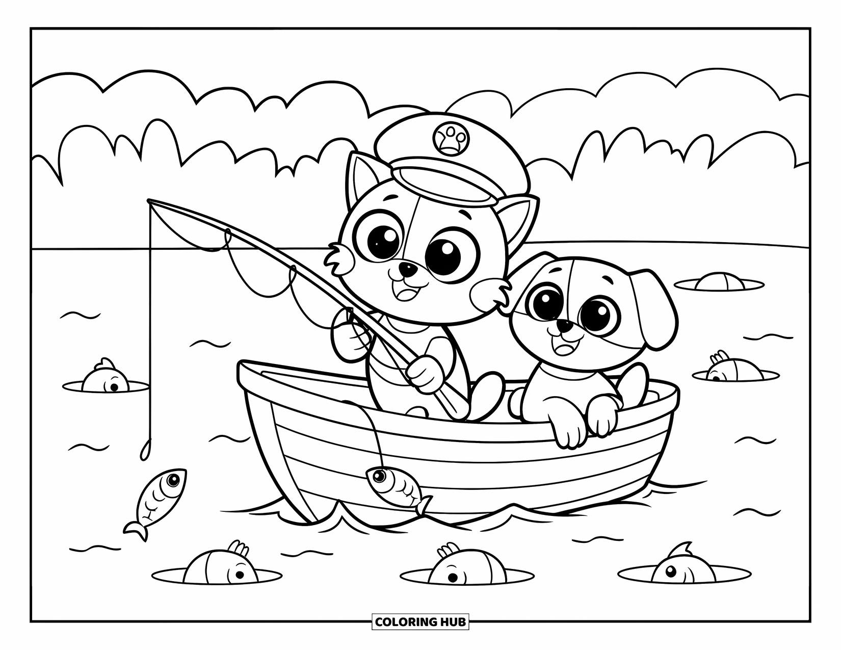 Kleurplaat Kat en Hond voor Kinderen: Een kat en hond gaan vissen op een bootje terwijl er vissen in de buurt springen