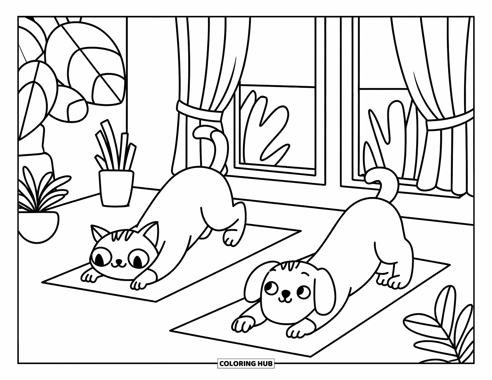 Kleurplaat Kat en Hond voor Kinderen: Een kat en hond rekken zich uit op yogamatten in een rustige binnenruimte