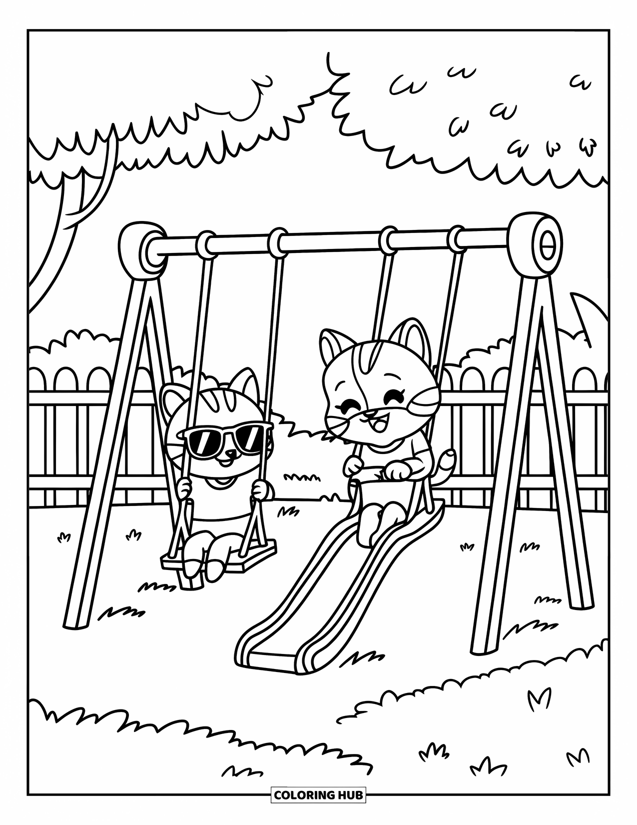 Kleurplaat Kat en Hond voor Kinderen: Een coole kat en hond spelen in het zonnige park