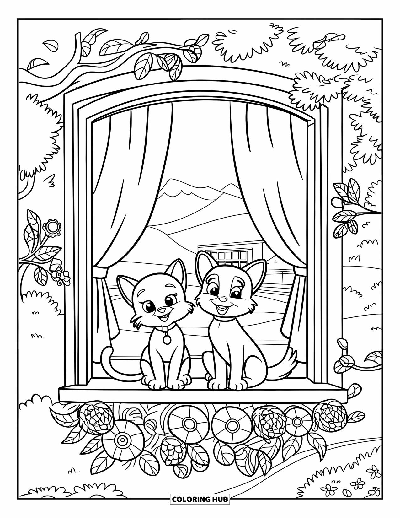 Kleurplaat Kat en Hond voor Kinderen: Een gezellige vensterbankscène met een kat, hond en mooie bloemen eromheen
