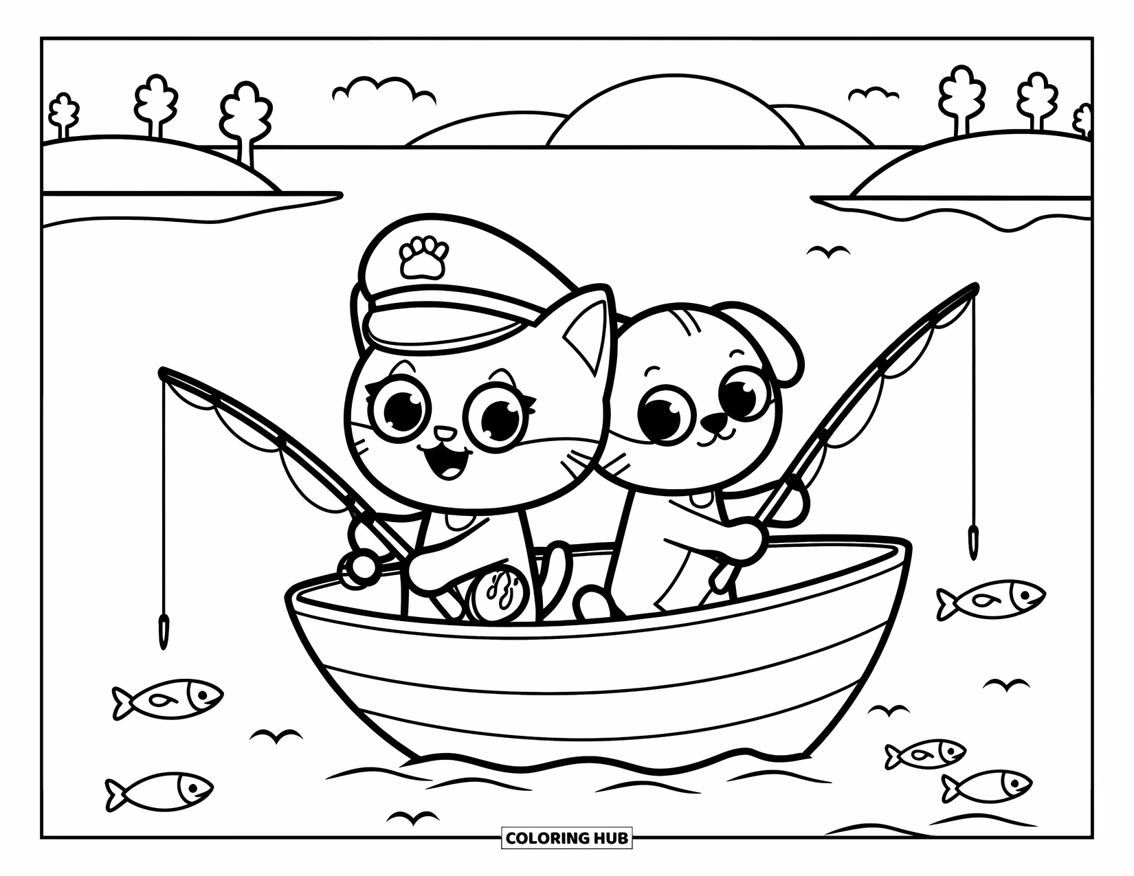 Kleurplaat Kat en Hond voor Kinderen: Een visreis met een kat met een kapiteinspet en een kalm, zonnig meer