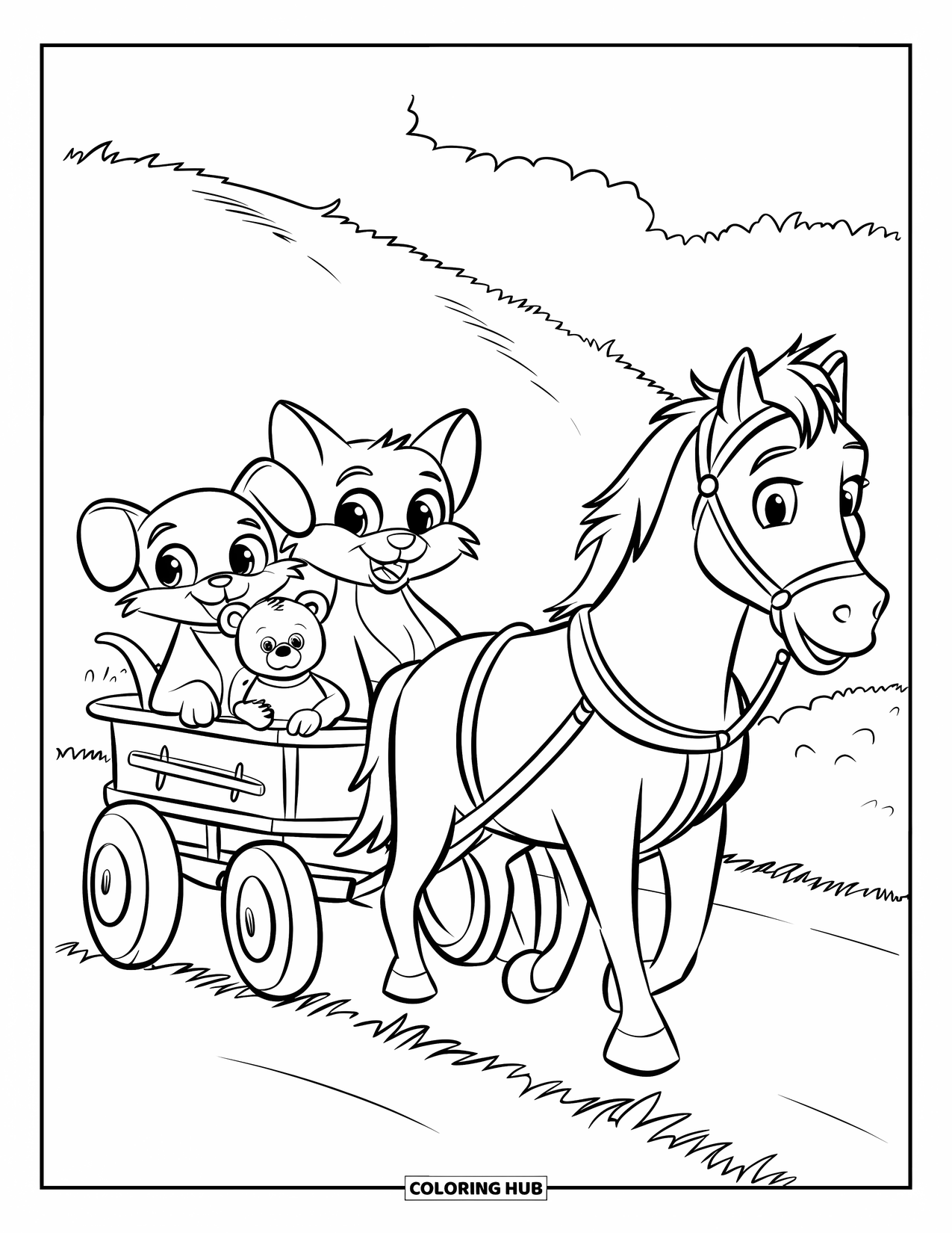 Kleurplaat Kat en Hond voor Kinderen: Een blije kat en hond genieten van een ritje in een wagen door een veld vol bloemen
