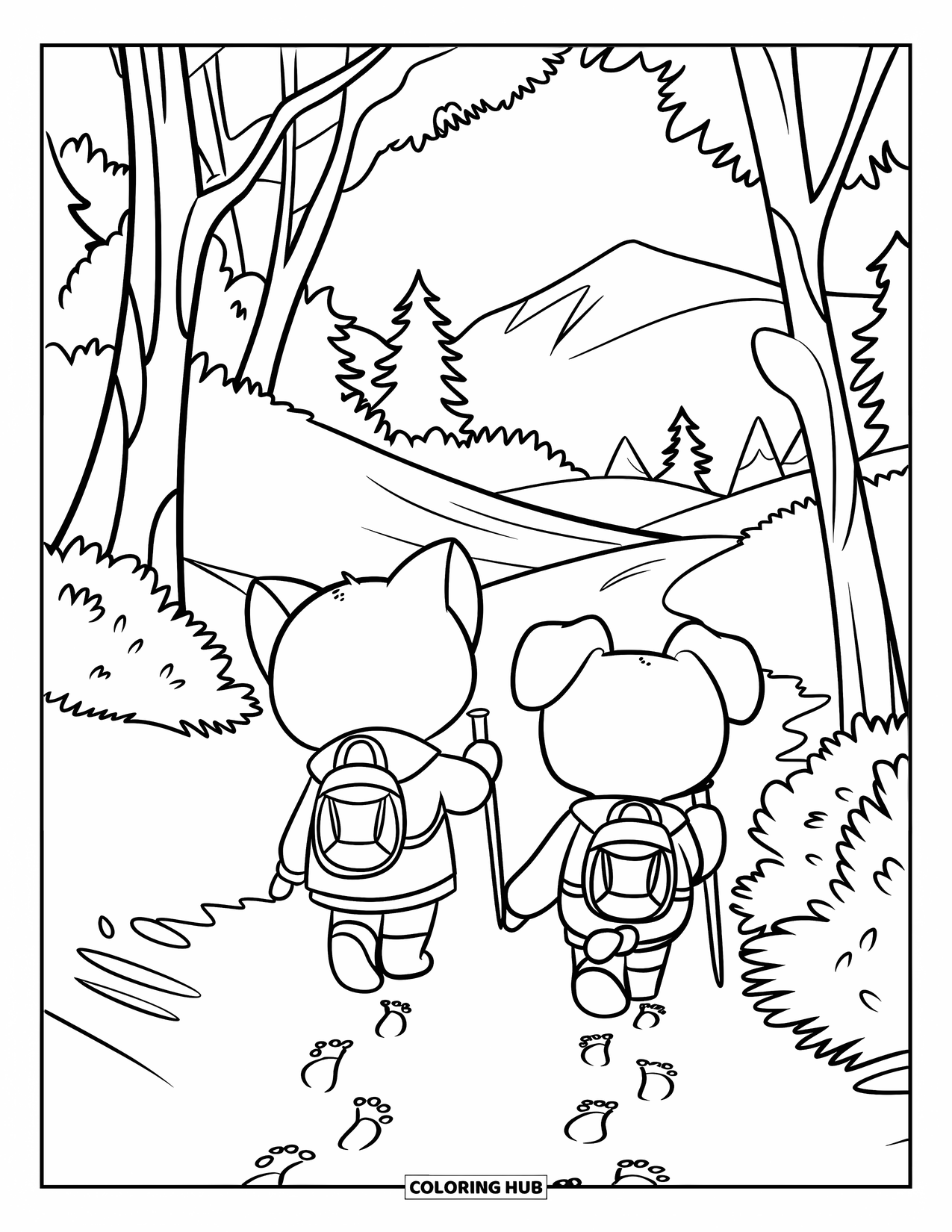 Kleurplaat Kat en Hond voor Kinderen: Een wandeling in de natuur met een kat in een jas en een hond op een pad