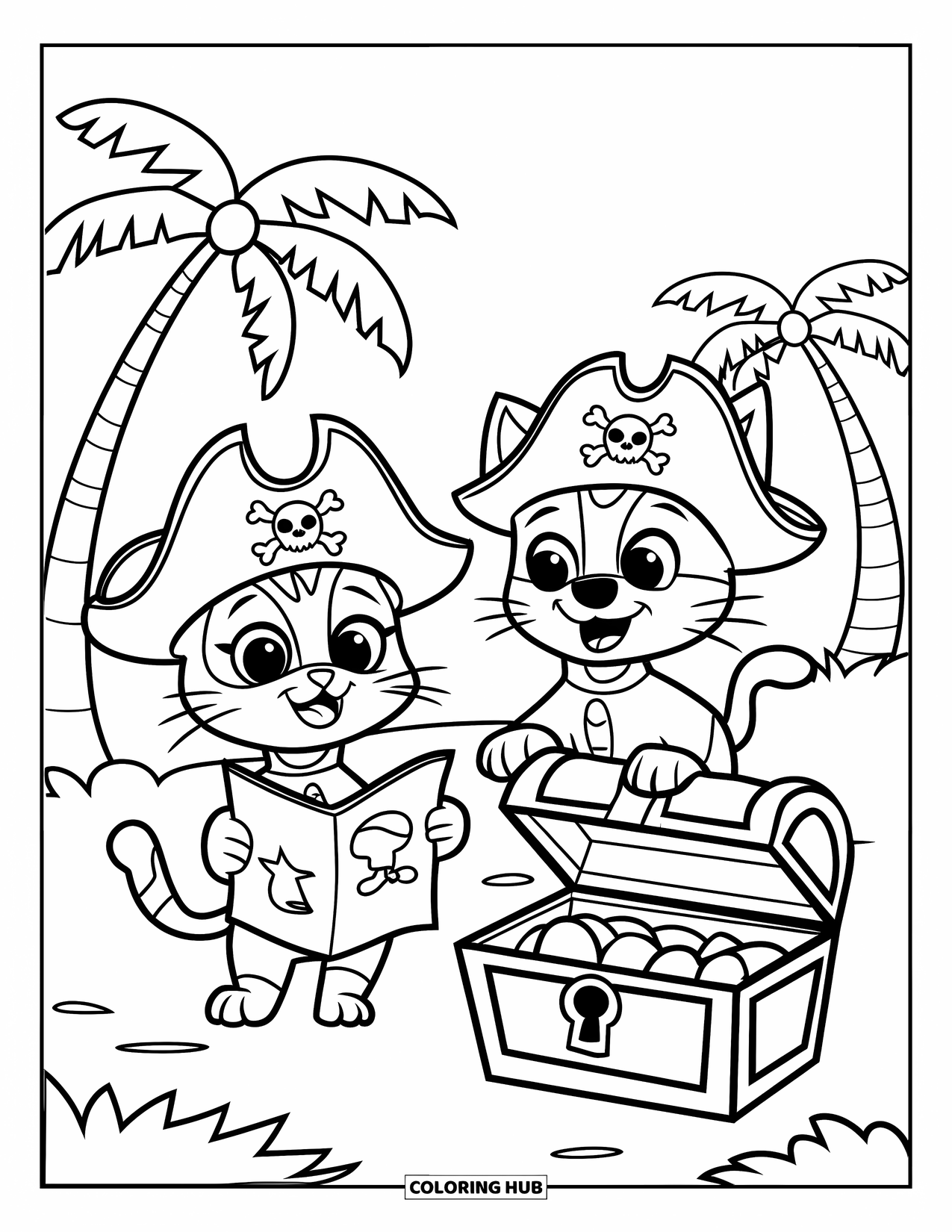 Kleurplaat Kat en Hond voor Kinderen: Een piratenkat en -hond verkennen een tropisch eiland op zoek naar een schat