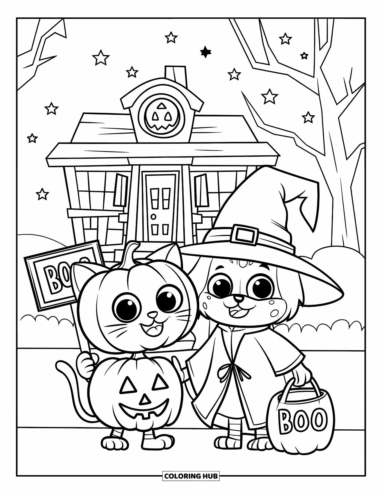 Kleurplaat Kat en Hond voor Kinderen: Een pompoenkat en tovenaarshond gaan langs de deuren tijdens Halloween onder een sterrenhemel