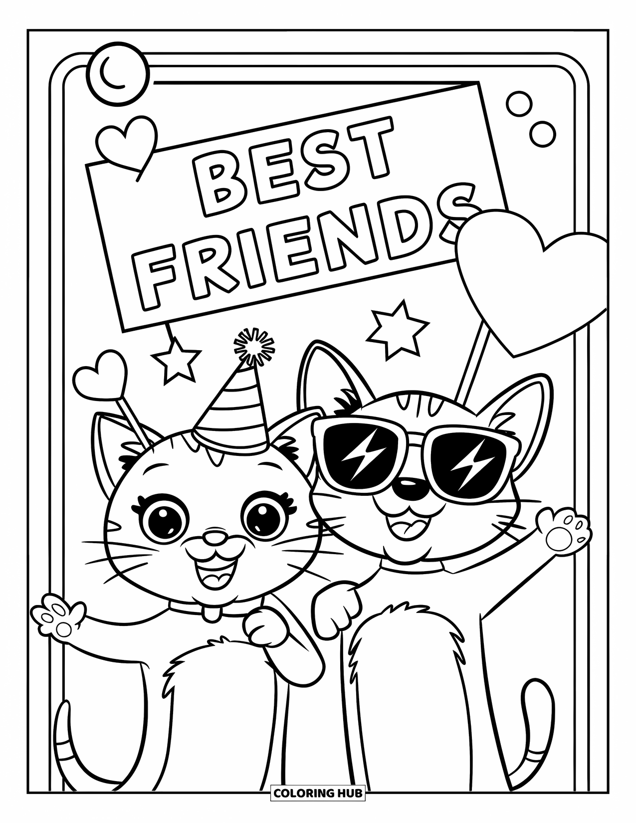 Kleurplaat Kat en Hond voor Kinderen: Een momentopname met de kat met een hoed en de hond met een zonnebril