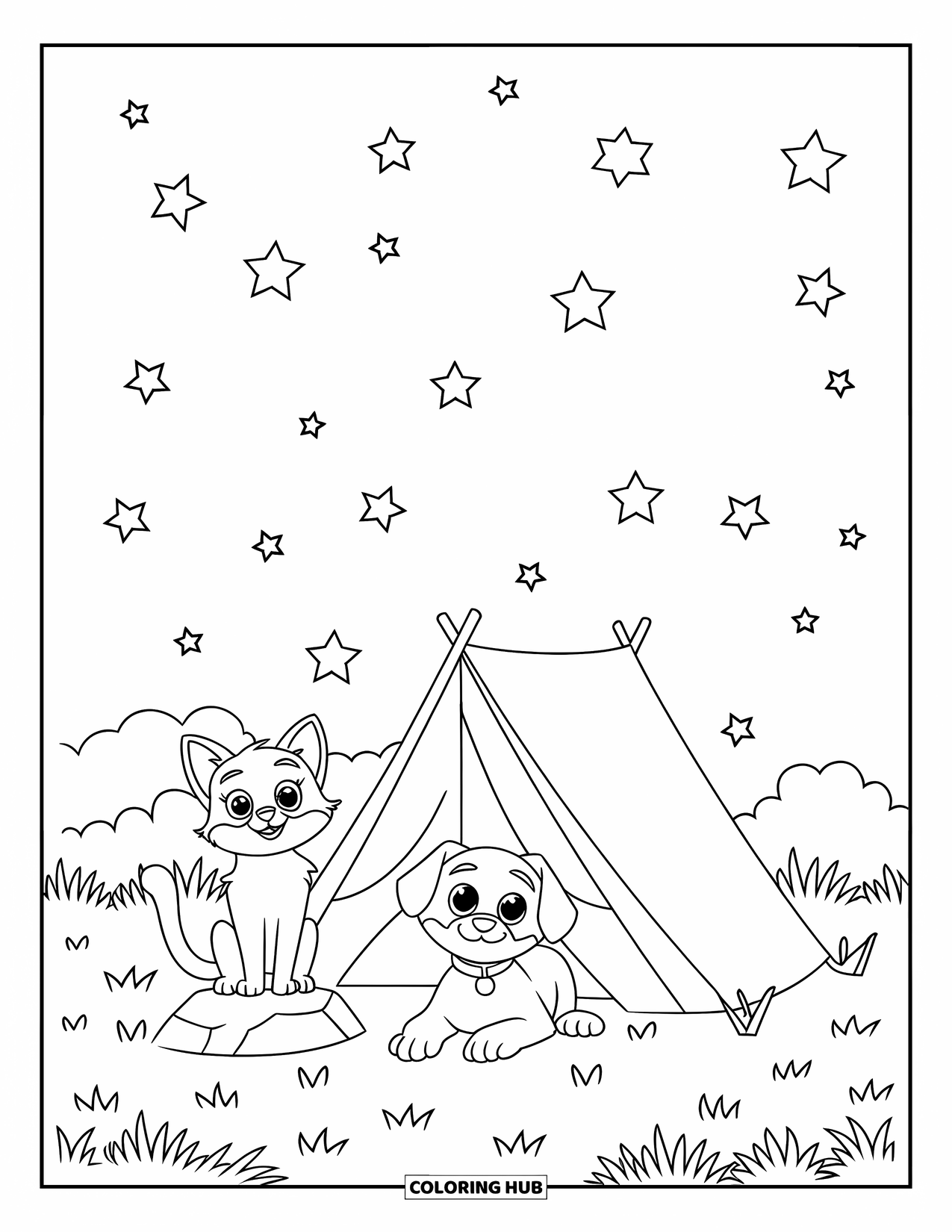 Kleurplaat Kat en Hond voor Kinderen: Een nacht vol sterren terwijl de kat en hond ontspannen bij hun kampeerplek