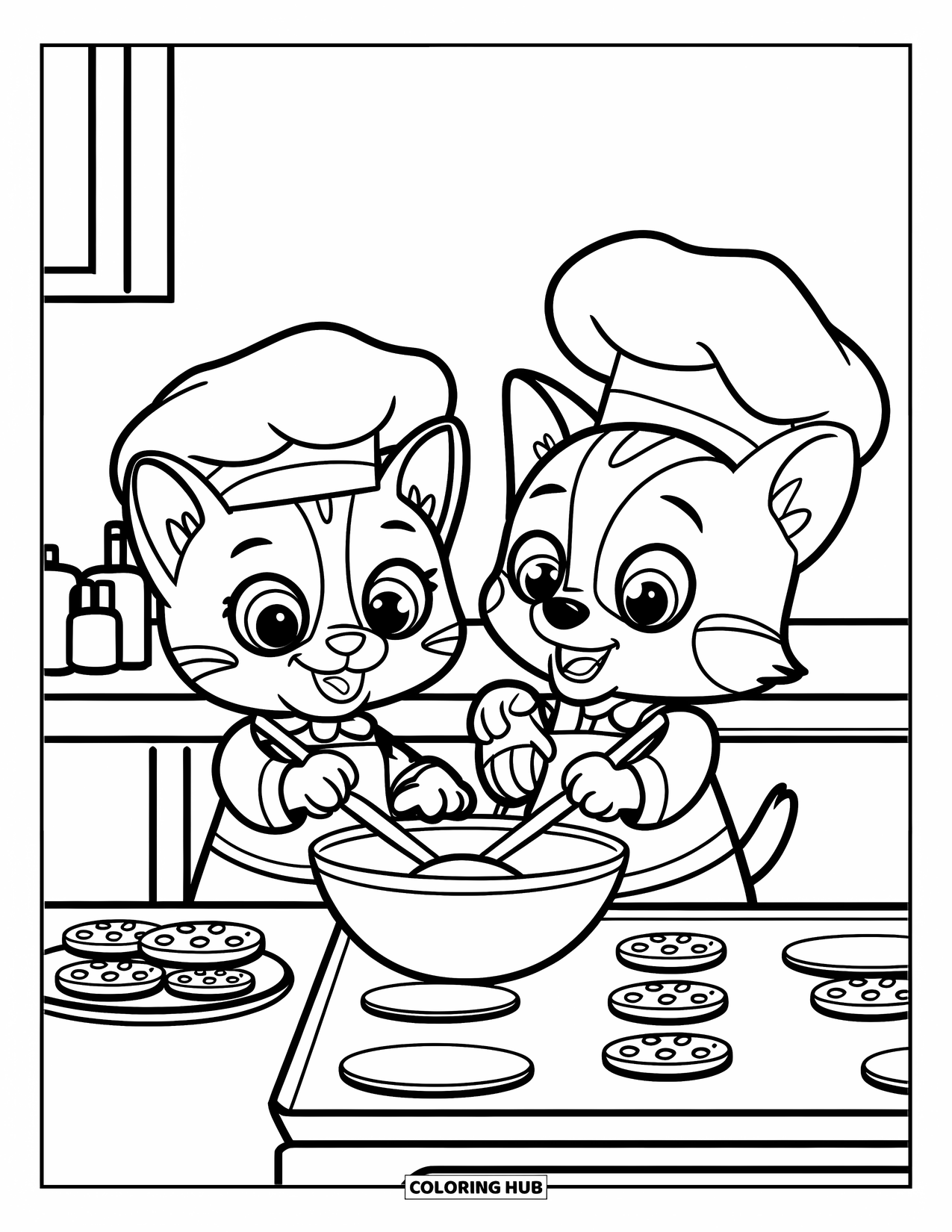 Kleurplaat Kat en Hond voor Kinderen: Baktijd! De kat roert terwijl de hond mixt met een grote glimlach