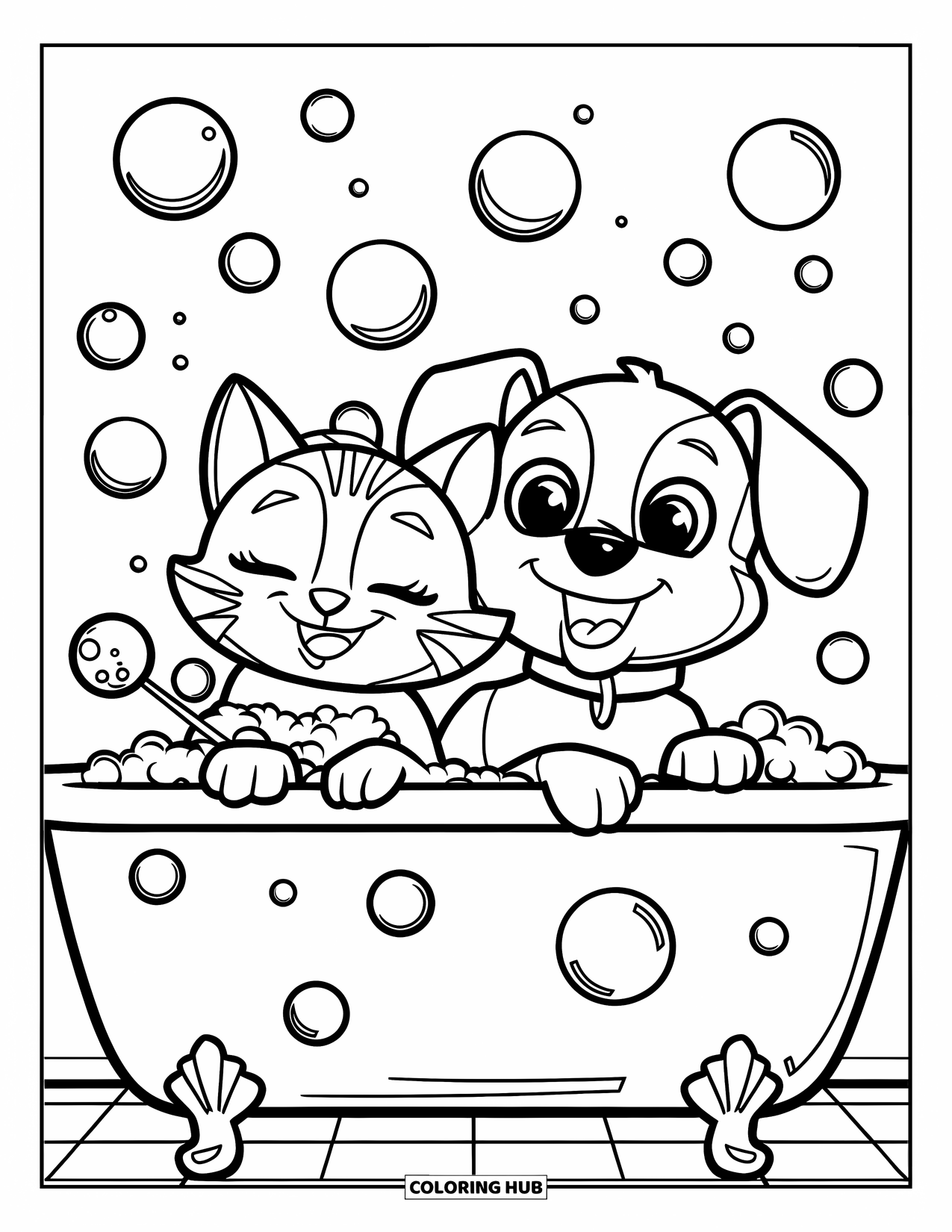 Kleurplaat Kat en Hond voor Kinderen: Plezier in bad! De kat houdt een bellenblaas vast terwijl de hond glimlacht