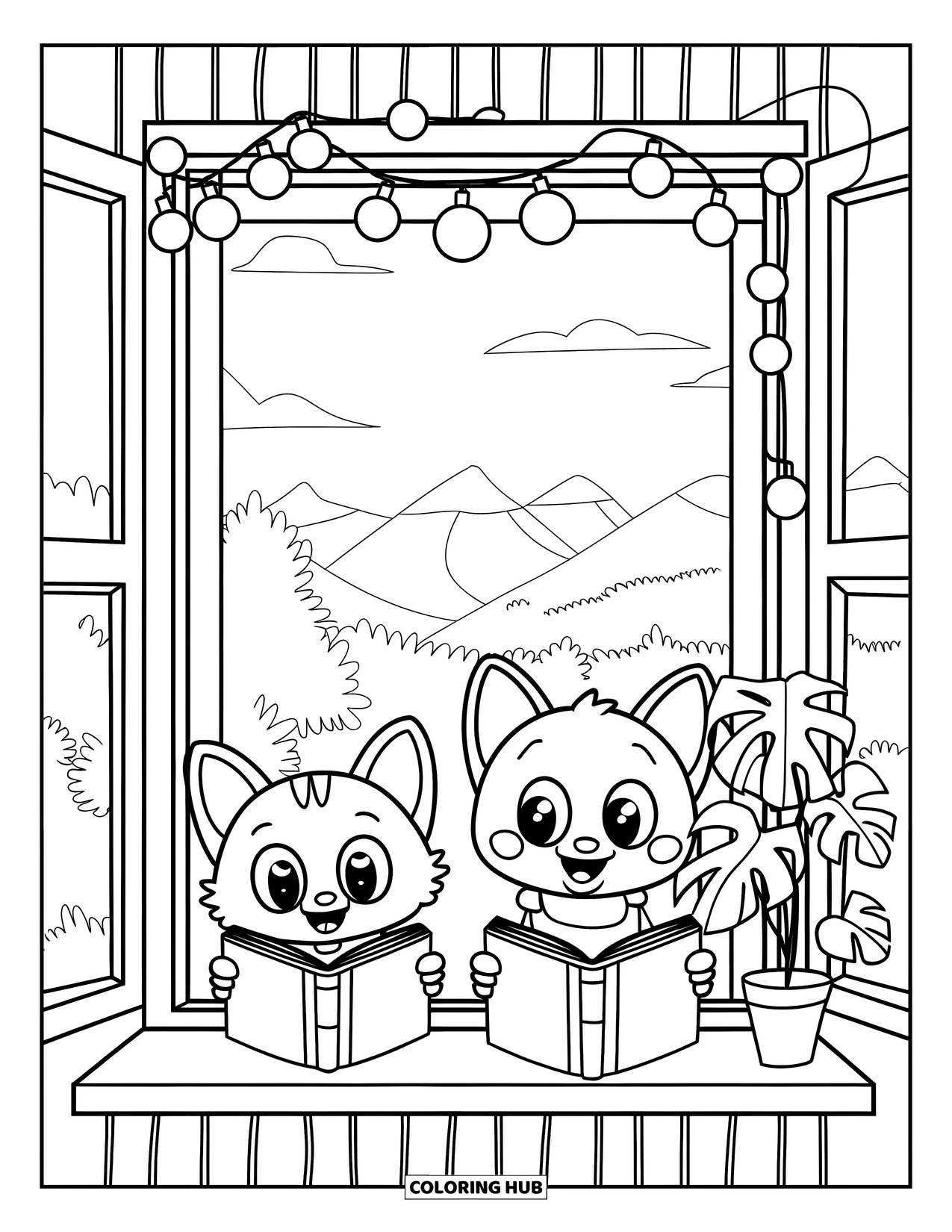 Kleurplaat Kat en Hond voor Kinderen: Boekenvrienden! Een kat en hond lezen rustig naast potplanten