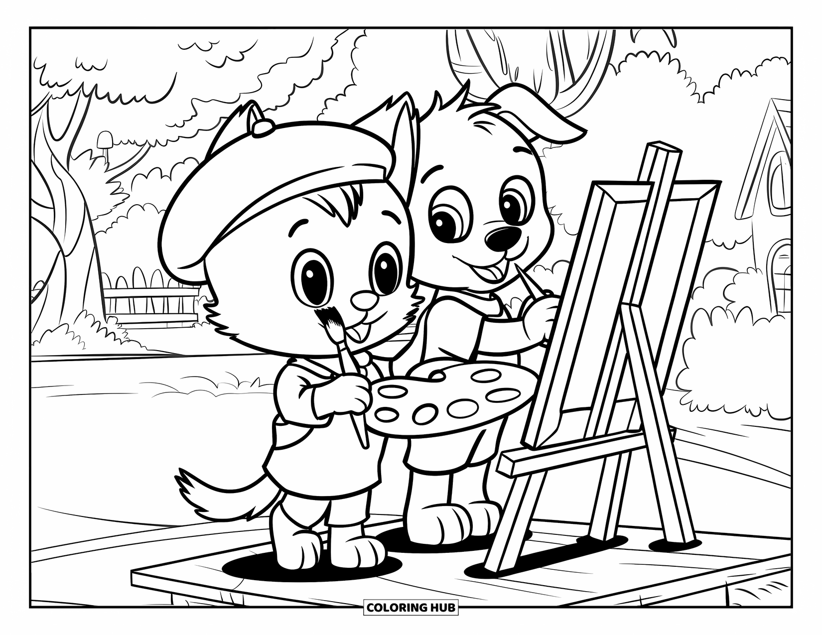 Kleurplaat Kat en Hond voor Kinderen: Creatieve vrienden! De kat en hond schilderen buiten met bomen eromheen