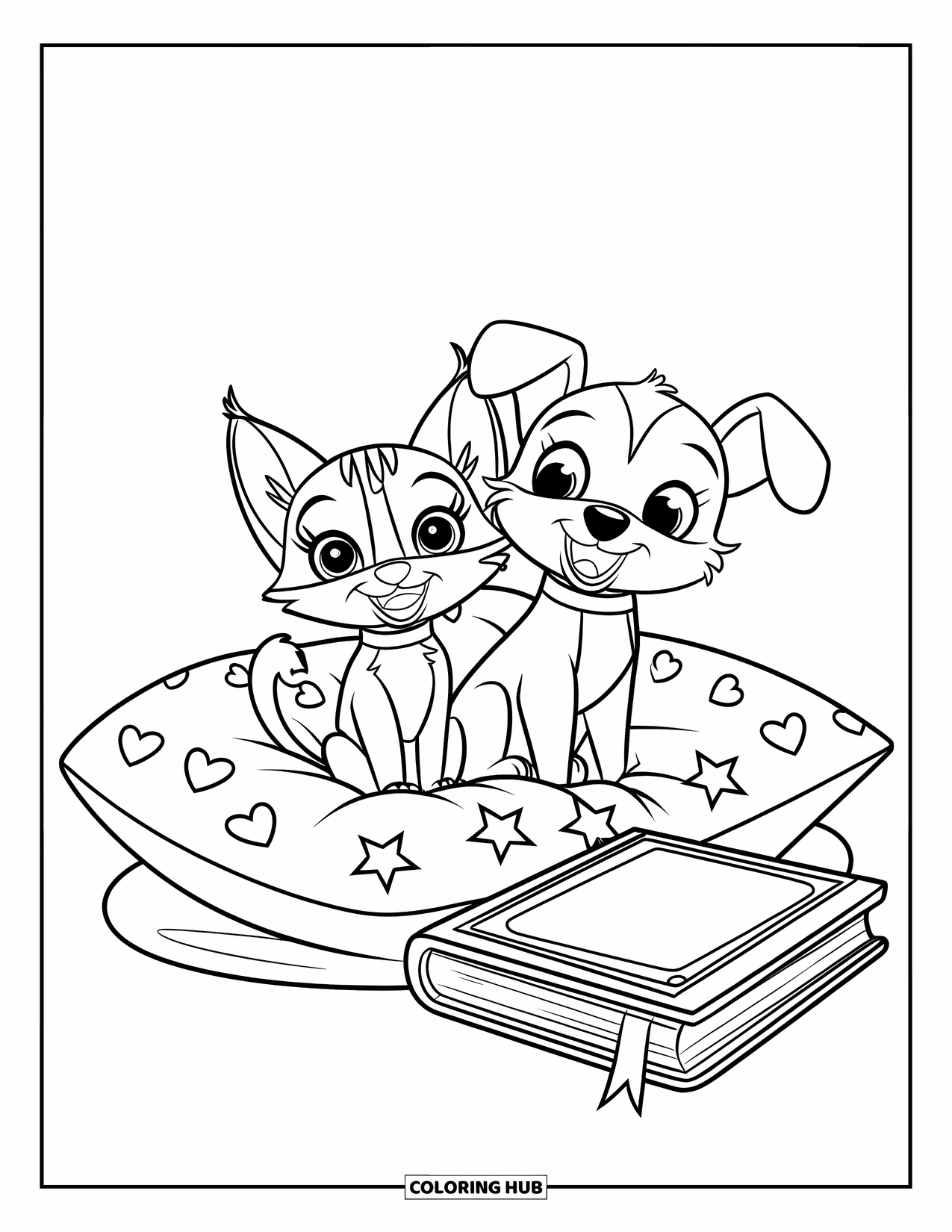 Kleurplaat Kat en Hond voor Kinderen: Knuffeltijd met een boek, een zacht kussen en twee beste vrienden