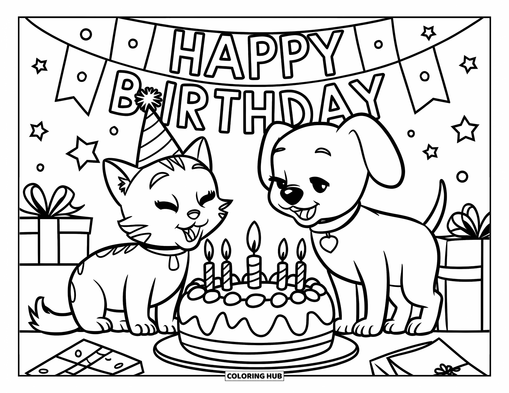 Kleurplaat Kat en Hond voor Kinderen: Feest! De kat en hond vieren feest met taart en een banner