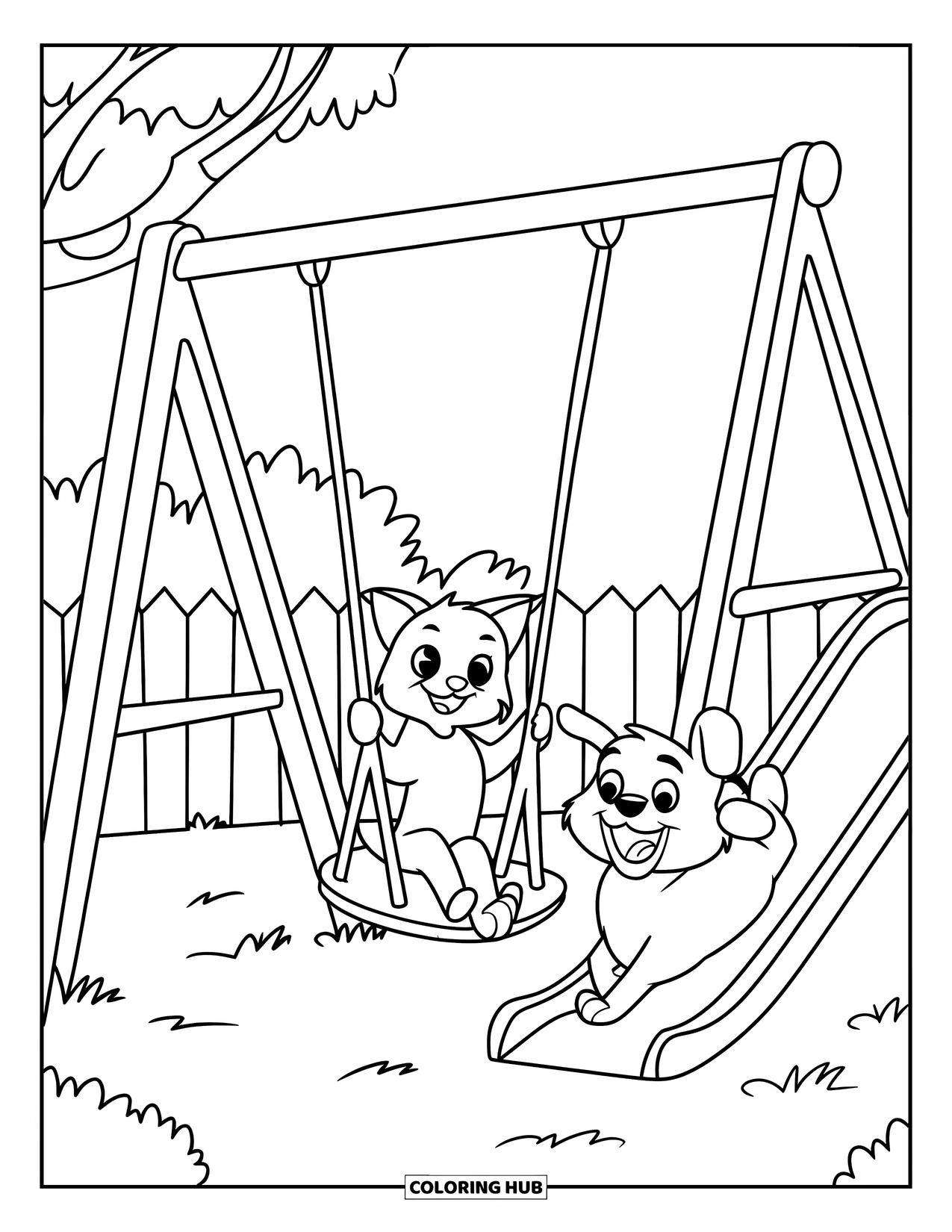 Kleurplaat Kat en Hond voor Kinderen: Speelse momenten waarop de kat schommelt en de hond glijdt in het park