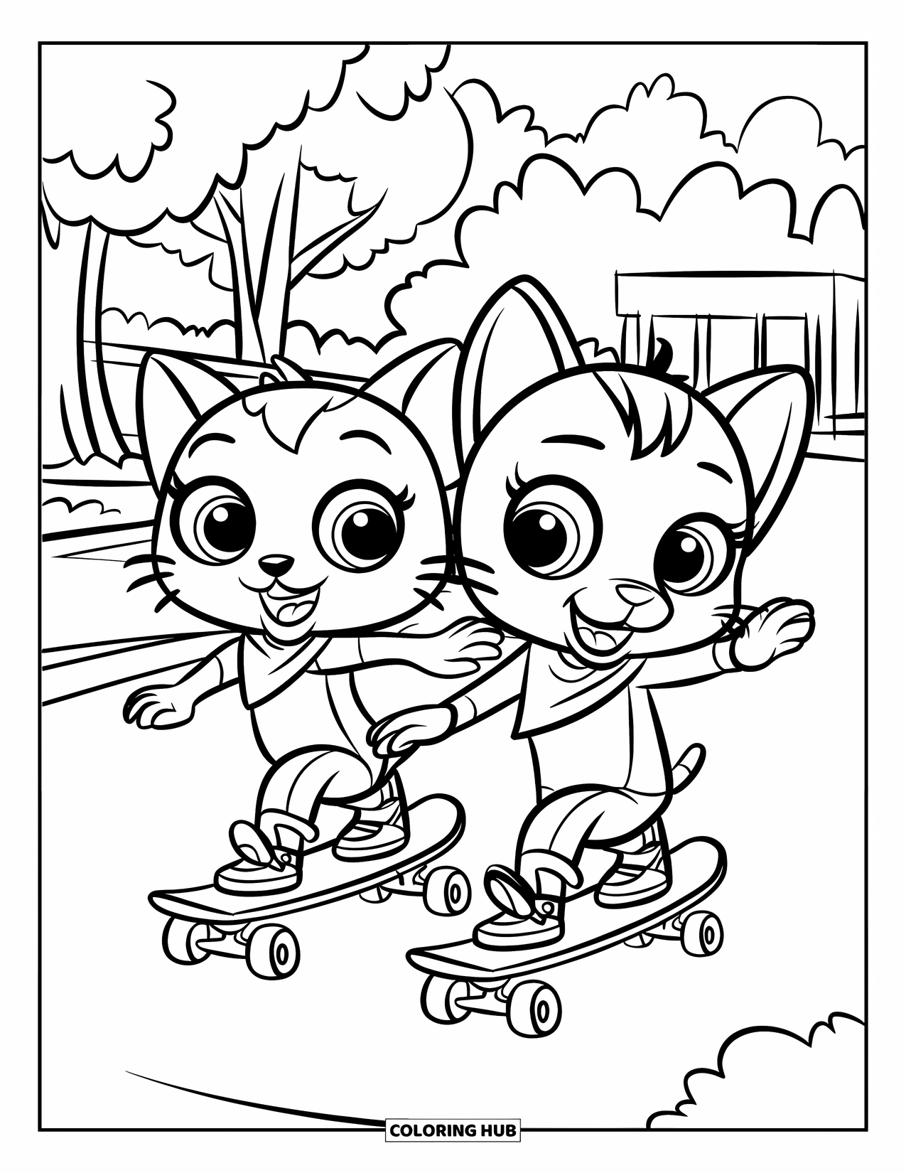 Kleurplaat Kat en Hond voor Kinderen: Lekker rollen! De kat en hond skaten samen door het park