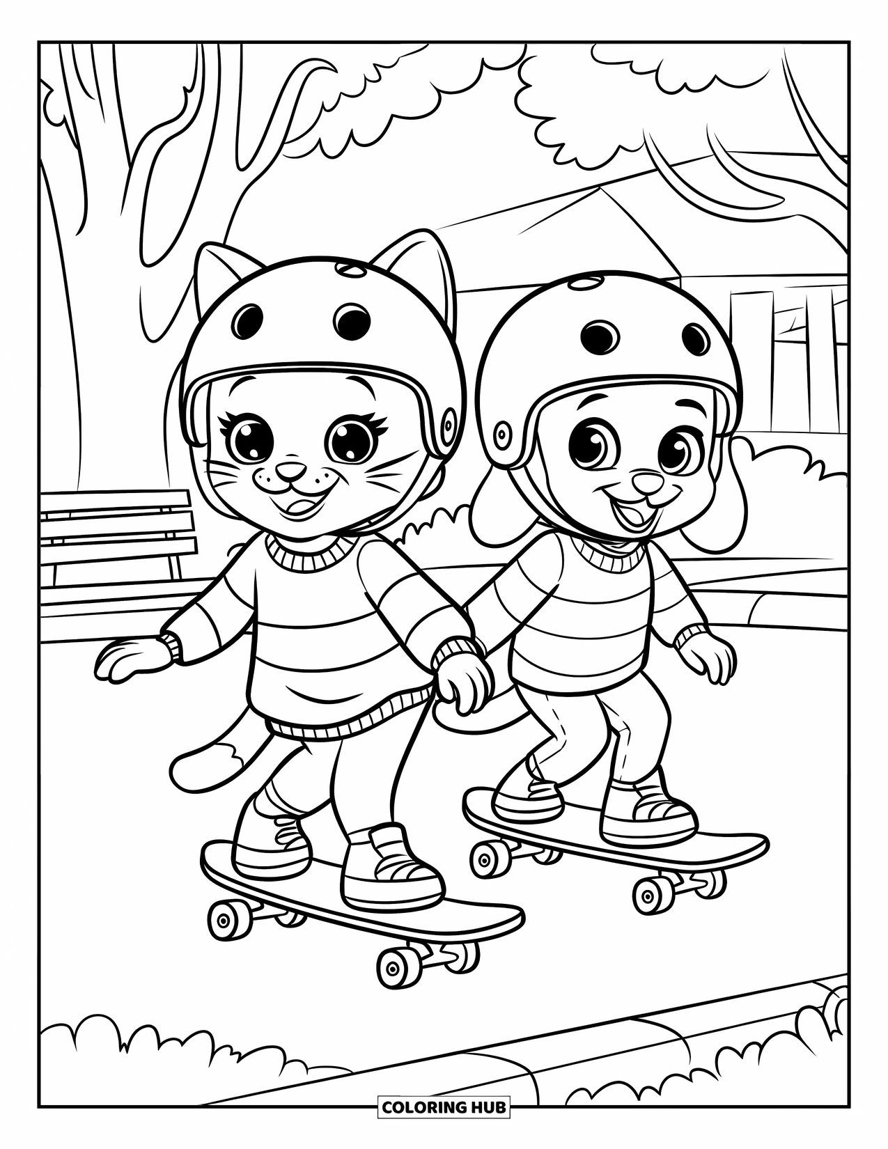Kleurplaat Kat en Hond voor Kinderen: Zij aan zij skaten de kat en hond in bijpassende gestreepte outfits