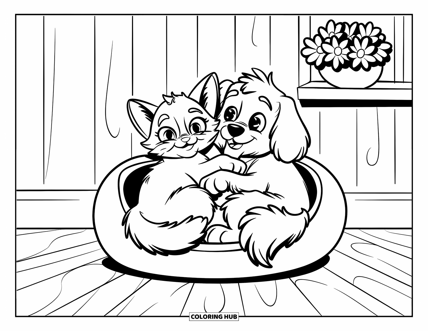 Kleurplaat Kat en Hond voor Kinderen: Lekker dicht tegen elkaar aan, de kat en hond slapen in hun zachte dierenmand