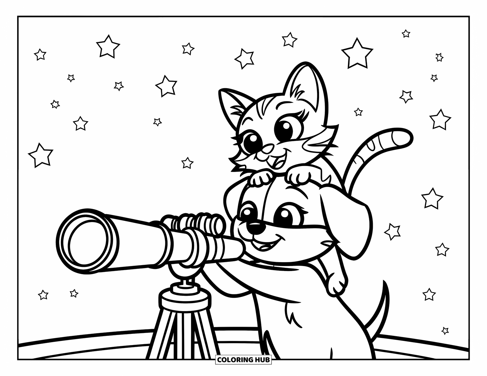 Kleurplaat Kat en Hond voor Kinderen: Sterrenkijkvrienden! De kat zit op de schouders van de hond om de telescoop te gebruiken