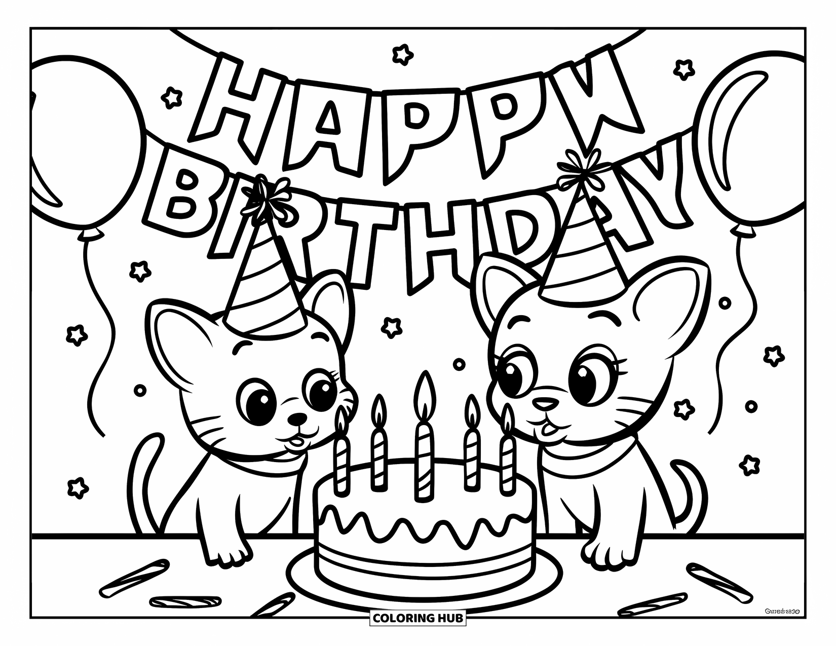 Kleurplaat Kat en Hond voor Kinderen: De kat en hond blazen samen kaarsjes uit op een verjaardagstaart