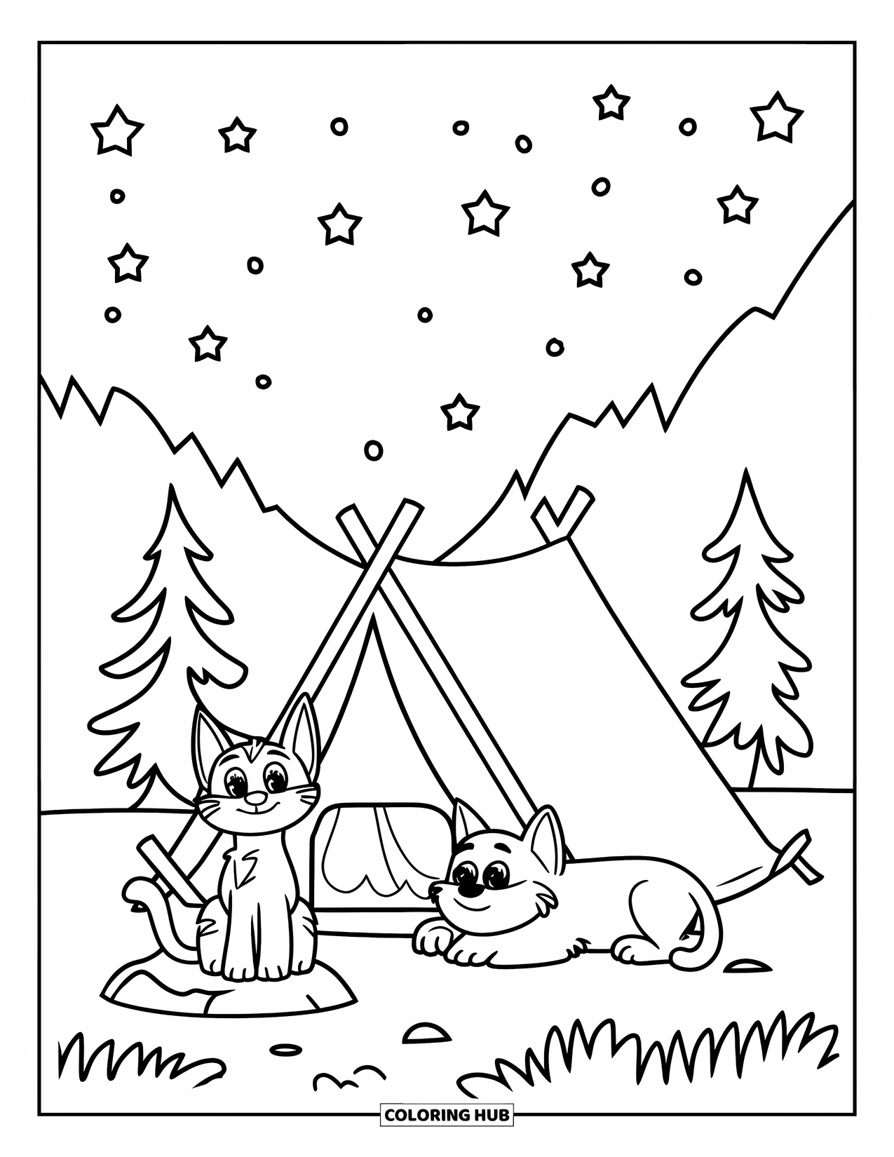 Kleurplaat Kat en Hond voor Kinderen: De kat en hond kamperen onder de sterrenhemel bij een kleine tent