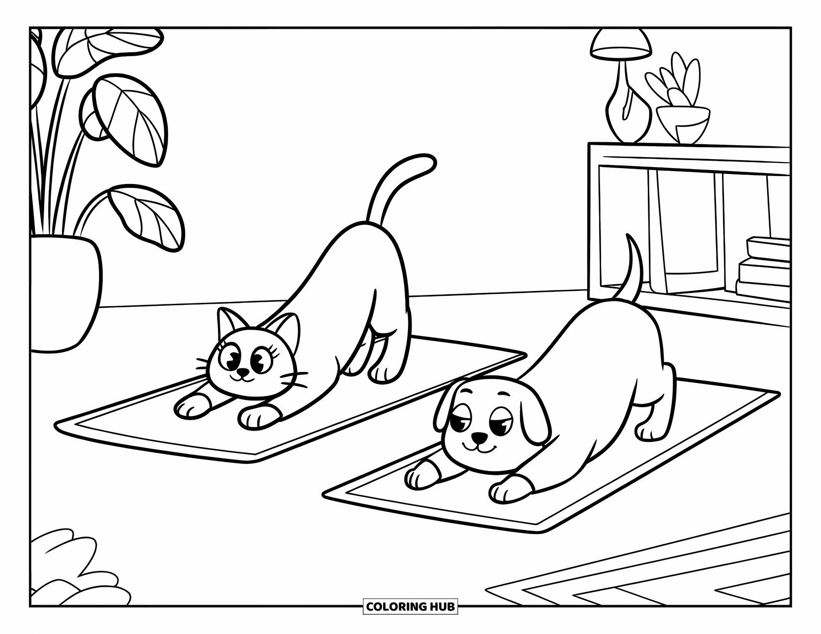 Kleurplaat Kat en Hond voor Kinderen: De kat en hond doen samen yoga in een rustige, gezellige kamer