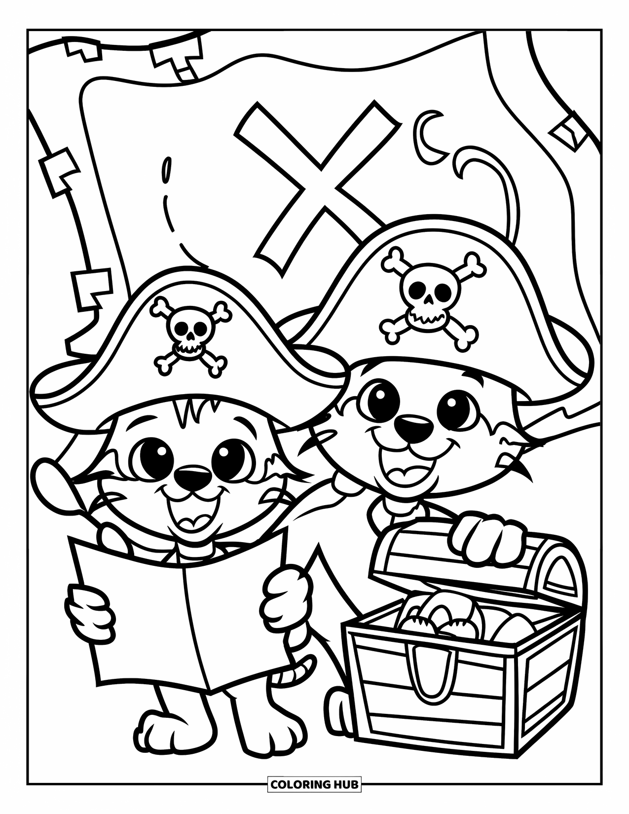 Kleurplaat Kat en Hond voor Kinderen: De kat en hond verkleden zich als piraten en zoeken naar een verborgen schat