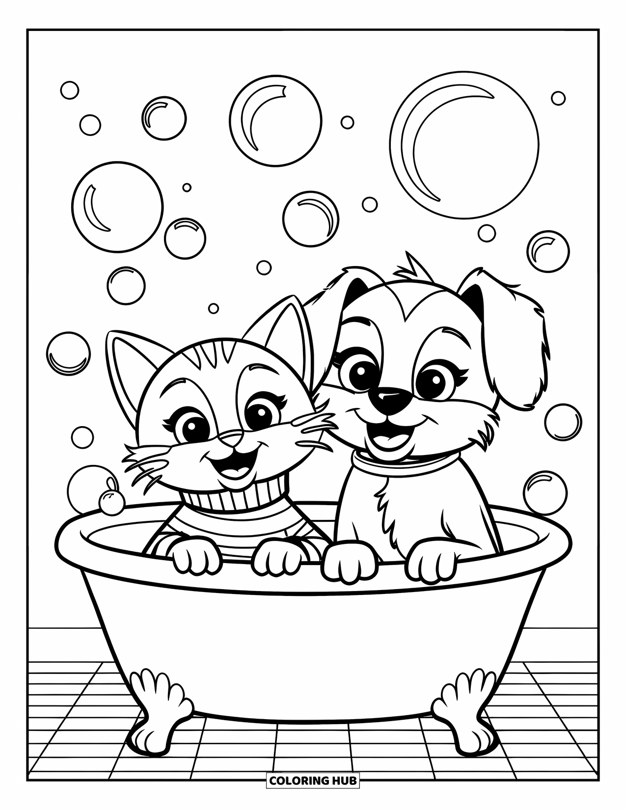 Kleurplaat Kat en Hond voor Kinderen: De kat en hond genieten van een bubbelbad in een vrolijke badscène