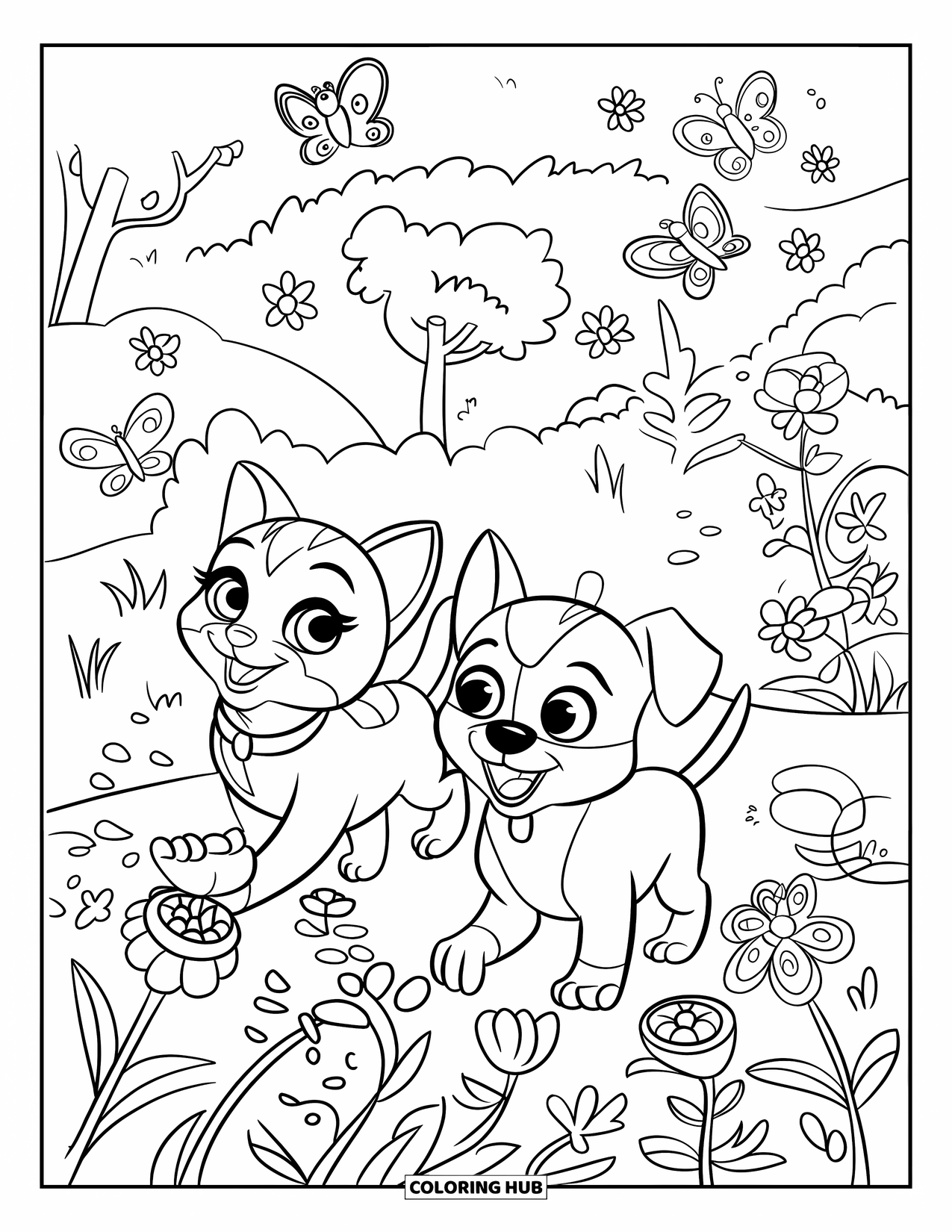 Kleurplaat Kat en Hond voor Kinderen: De kat en hond verkennen een tuin vol bloemen en vlinders